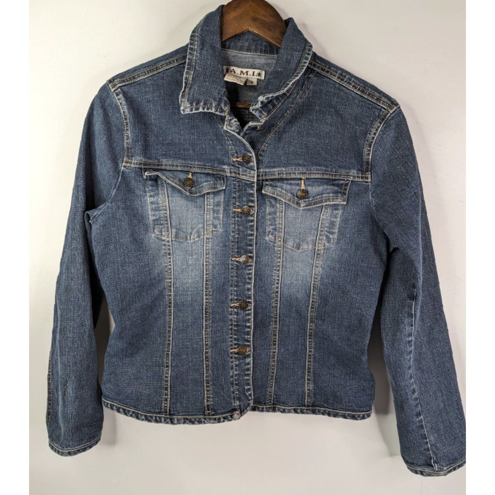Denime VINTAGE A.M.I. Denim Jacket Jacket Blue Denim Short Long Sleeve Women S Small Button Casual 100% Cotton Denim 90s? Size S / US 4 / IT 40 - 2 Thumbnail