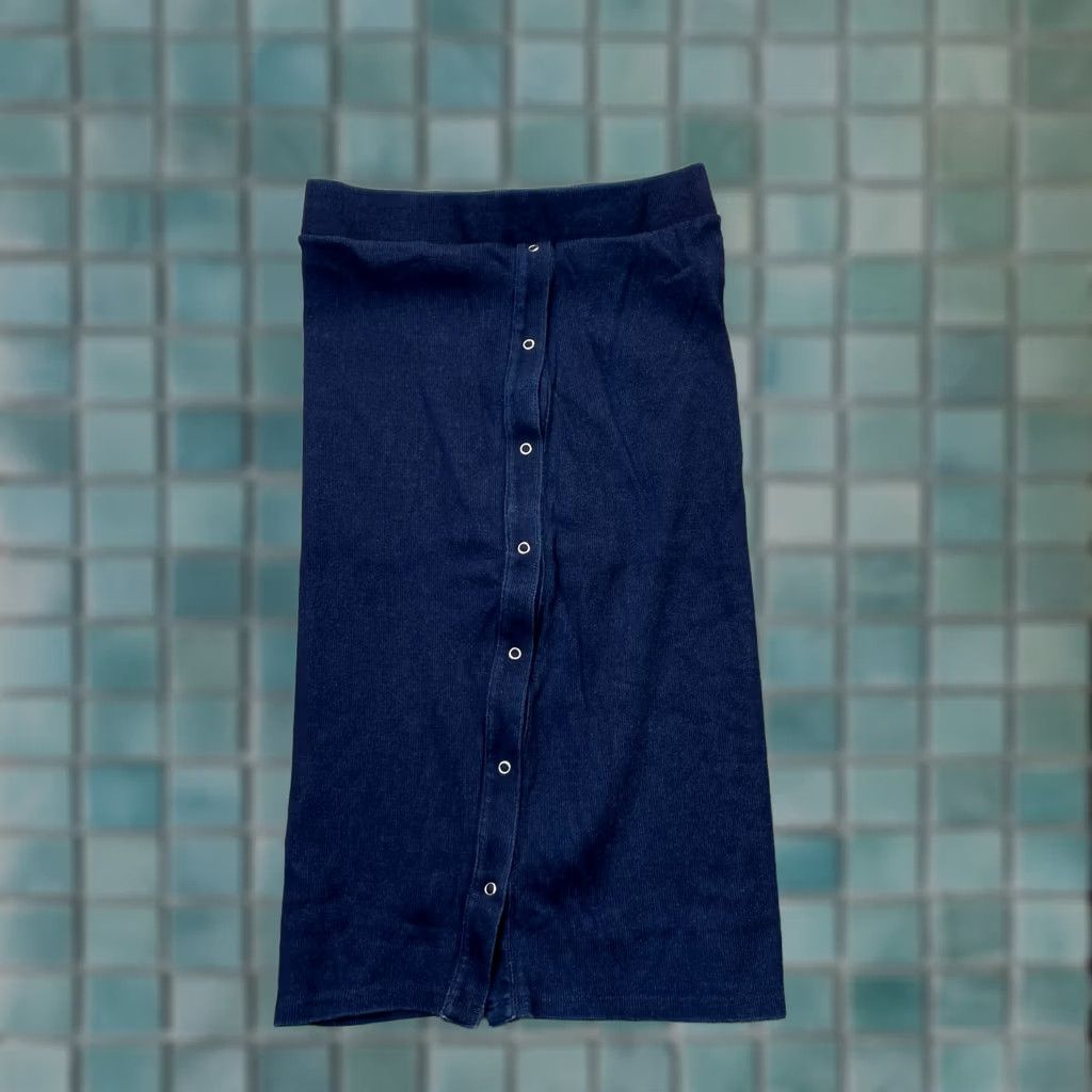 Vintage NSF Skirt Womens Medium Blue Pencil Snap Front Modern Minimalist Button Midi Knit Elastic Waist Slit City Preppy Size 32" / US 10 / IT 46 - 1 Thumbnail