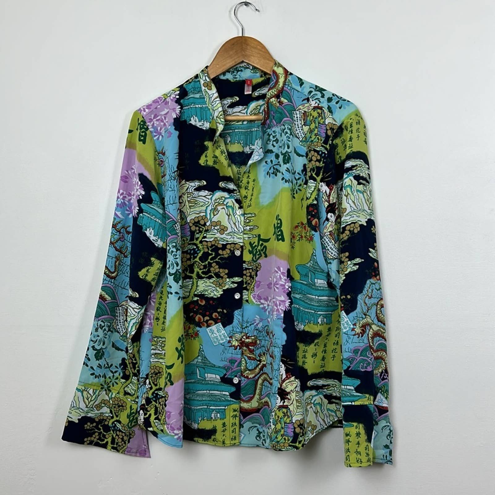 image of Josie Natori Dark Blue/green Geisha Long sleeve Blouse, Women's (Size XL)