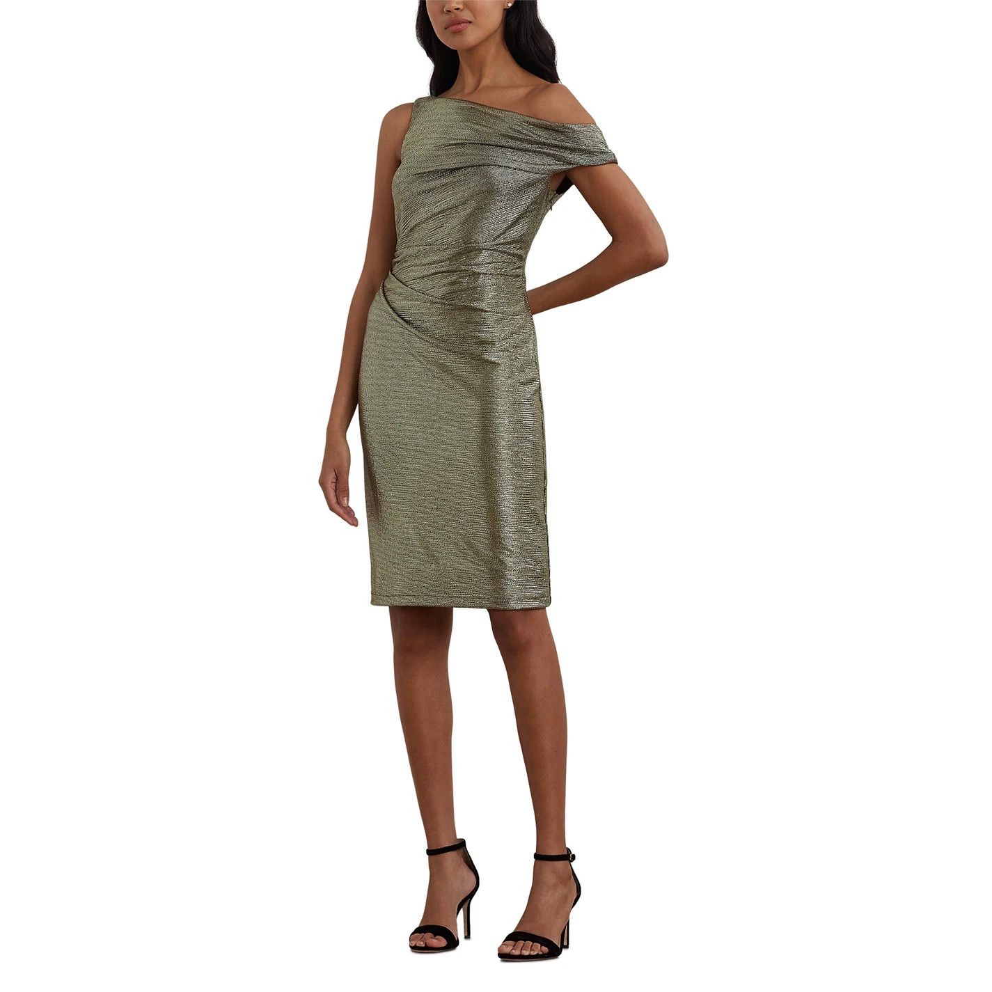 Lauren Ralph Lauren o1g2r1mq0825 Metallic One-Shoulder Cocktail Dress Green/Gold Size M / US 6-8 / IT 42-44 - 4 Thumbnail