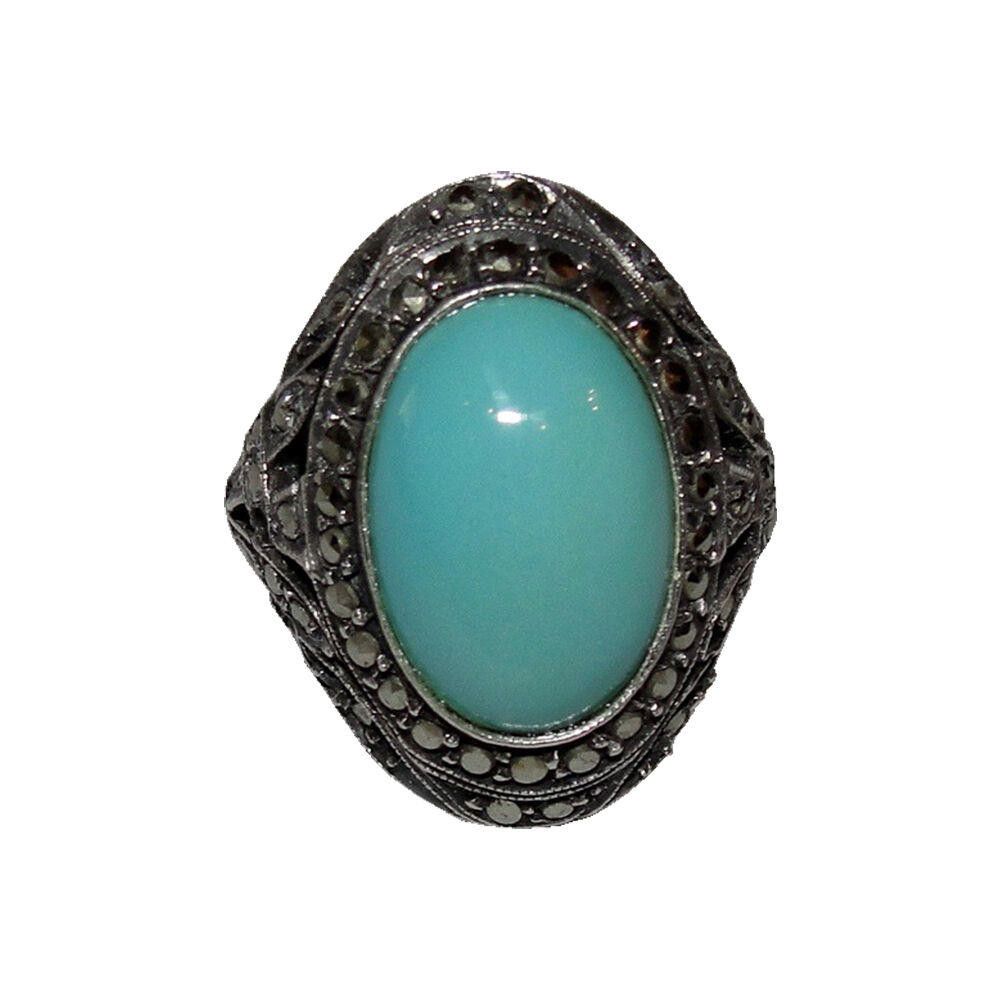 Designer Art Deco Sterling Marcasite and Turquoise Ring Size ONE SIZE - 1 Thumbnail