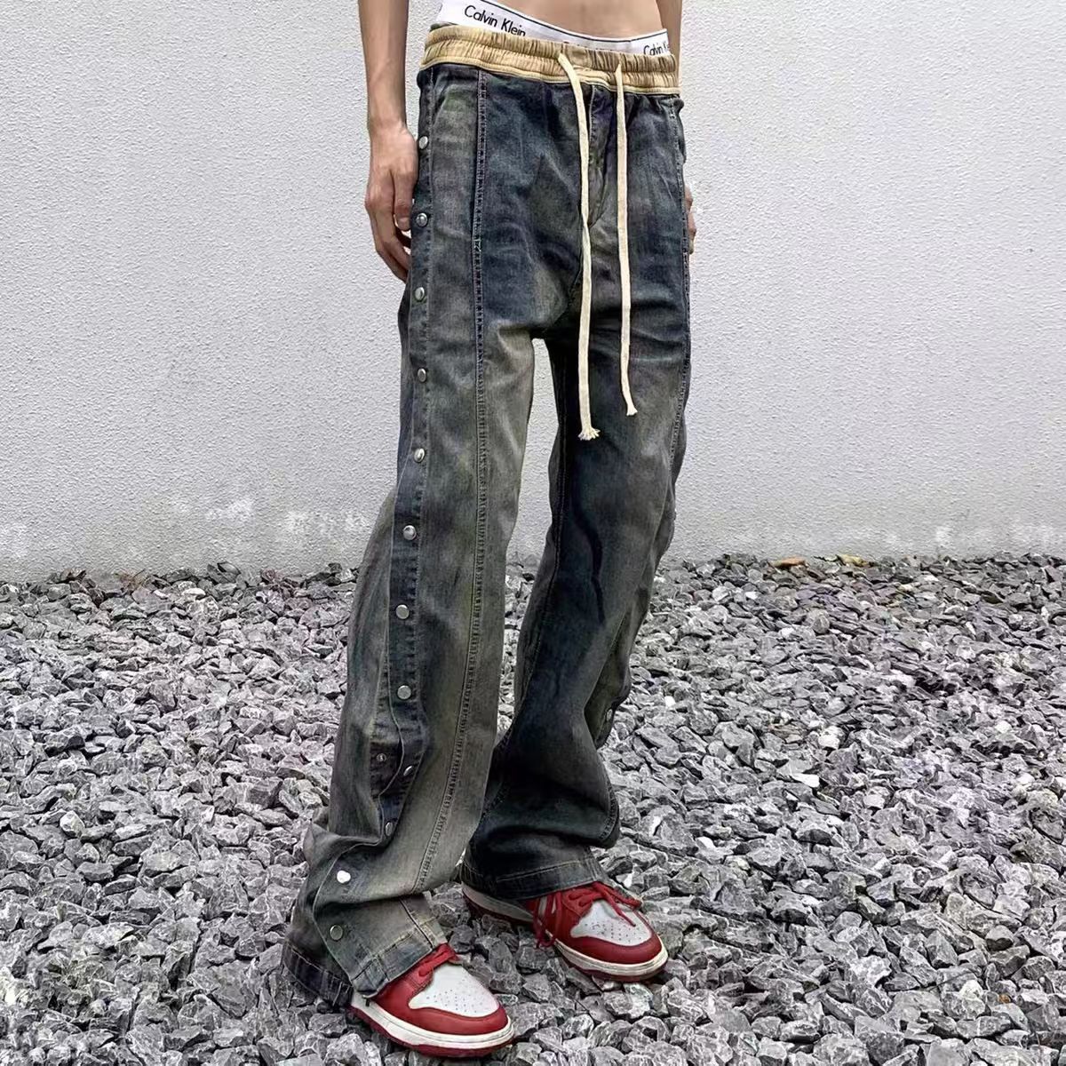 Street Hip Hop Drawstring Ribbon Washed Baggy Jeans