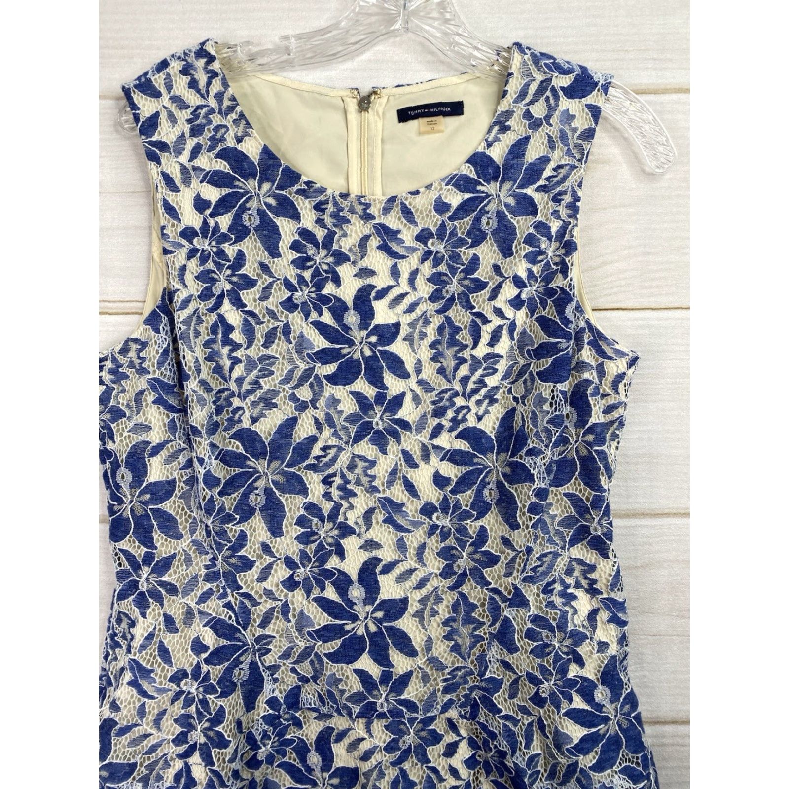 Tommy Hilfiger TOMMY HILFIGER Dress Sz 12 Blue White Embroidered Sleeveless Lined Zip Up Boho Shirt Dress Womens 90s Floral Casual Knee Length Size XL / US 12-14 / IT 48-50 - 2 Thumbnail