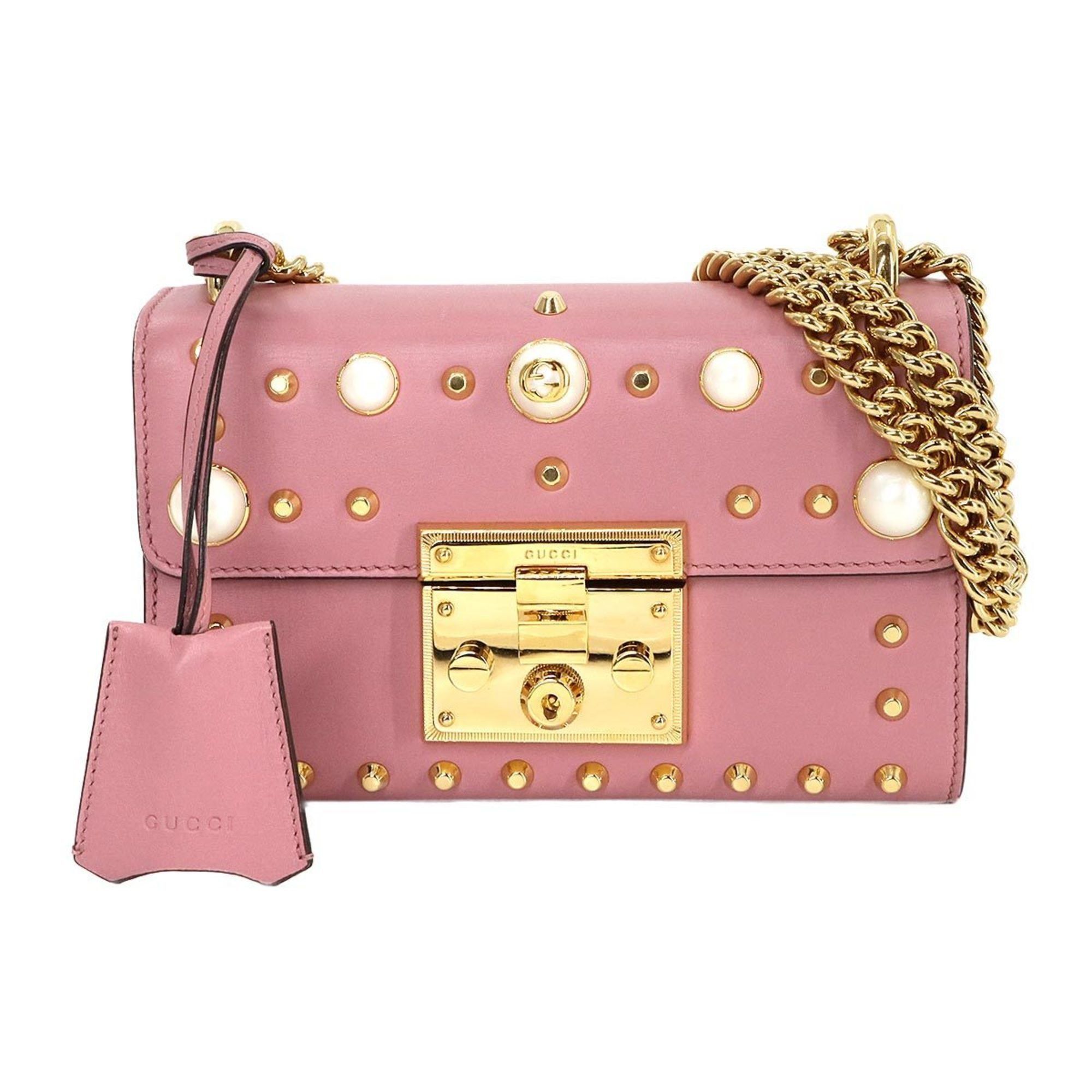 Gucci Padlock Studs Chain Shoulder Bag Leather Pink 432182 Gold Hardware, Women's