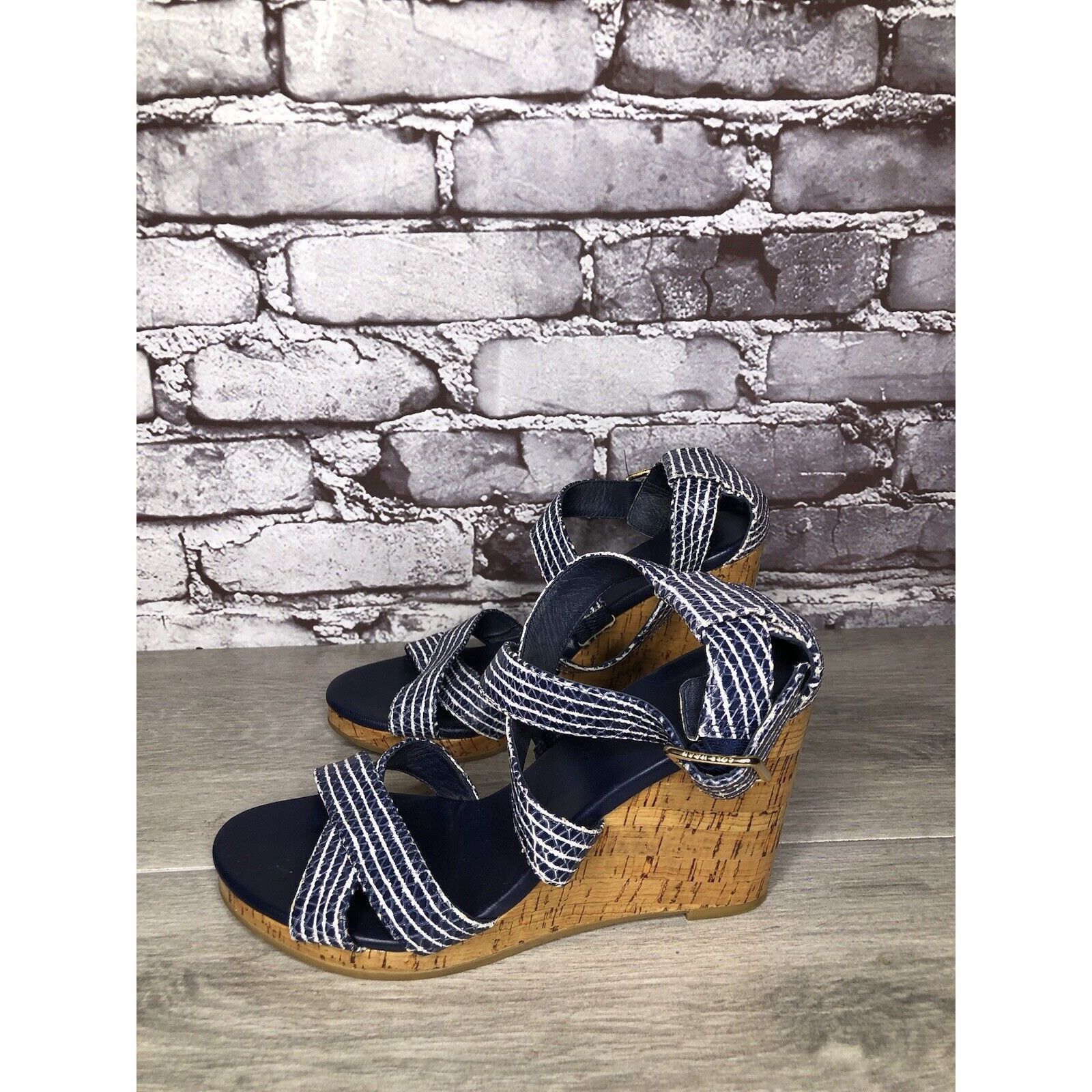 Cole Haan Cole Haan Grand OS Blue White Stripe Leather Cork Wedge Sand Size US 7.5 / IT 37.5 - 23 Thumbnail