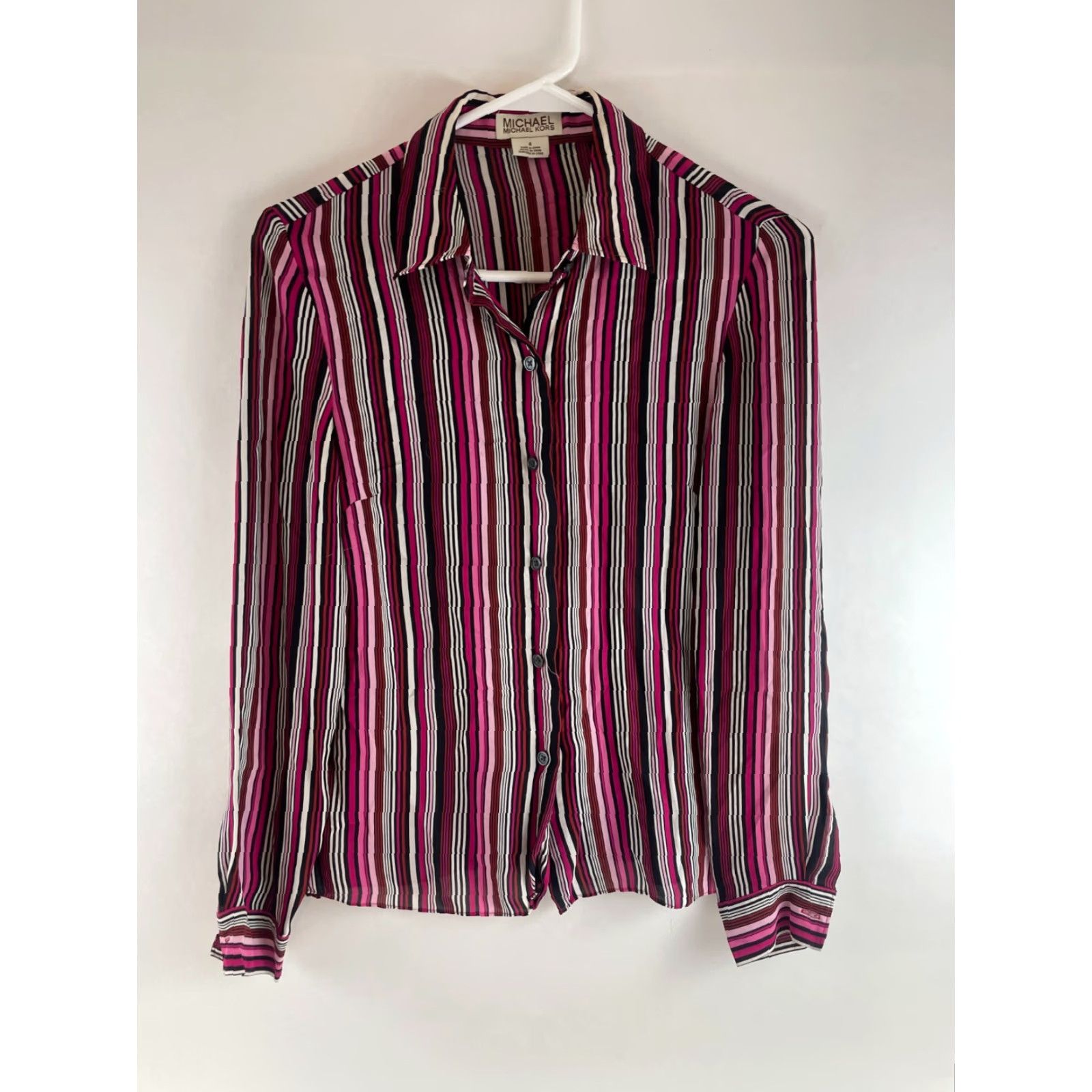 Michael Kors Michael Kors Shirt Women's Size 4 Button-Up Striped Pink Black White Sheer Multicolor Casual Womens Colorful 4 Size S / US 4 / IT 40 - 2 Thumbnail