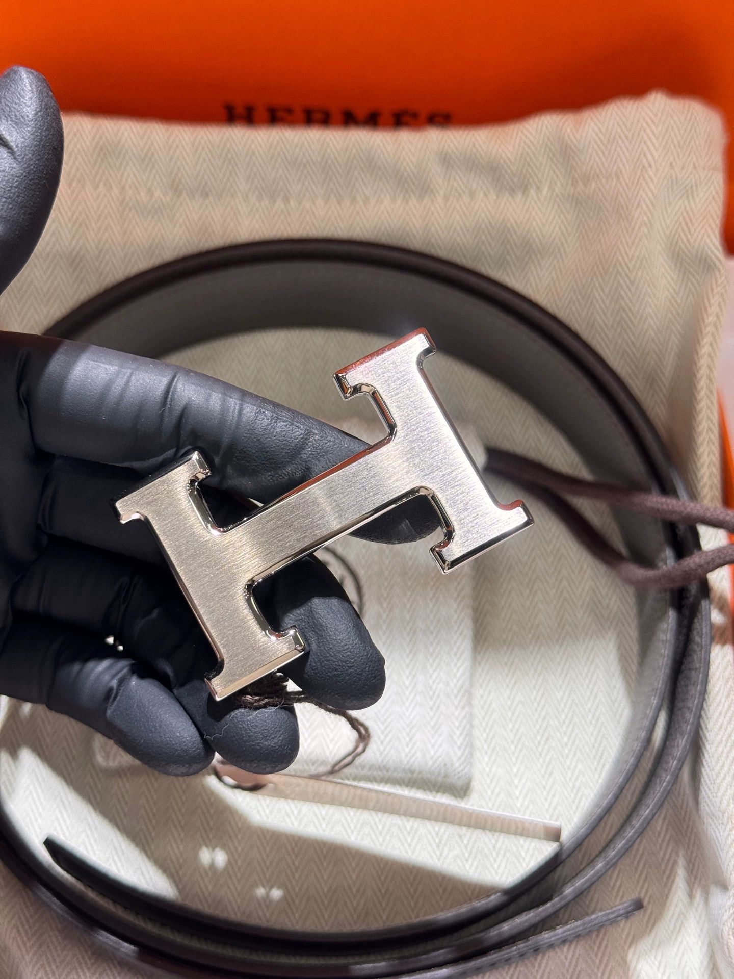 Hermes HERMES Belt Double Calfskin 32mm 100cm Black x Etoupe Size ONE SIZE - 3 Thumbnail