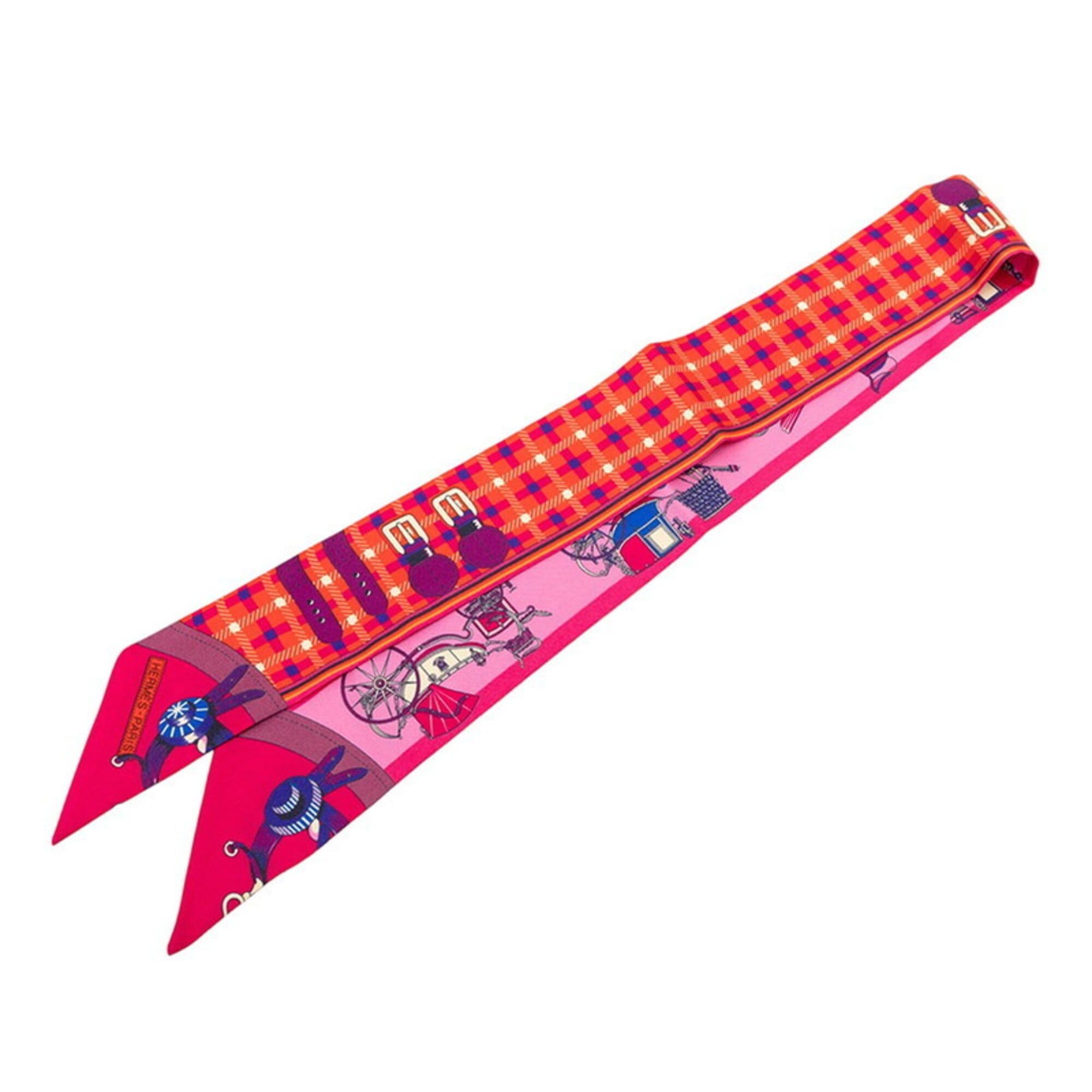 Hermes Hermes Twilly Les Voitures Nouvelle (The Evolution of Horse-Drawn Carriages) Scarf/Muffler, Pink Multicolor Silk, Women's HERMES Size ONE SIZE - 1 Thumbnail