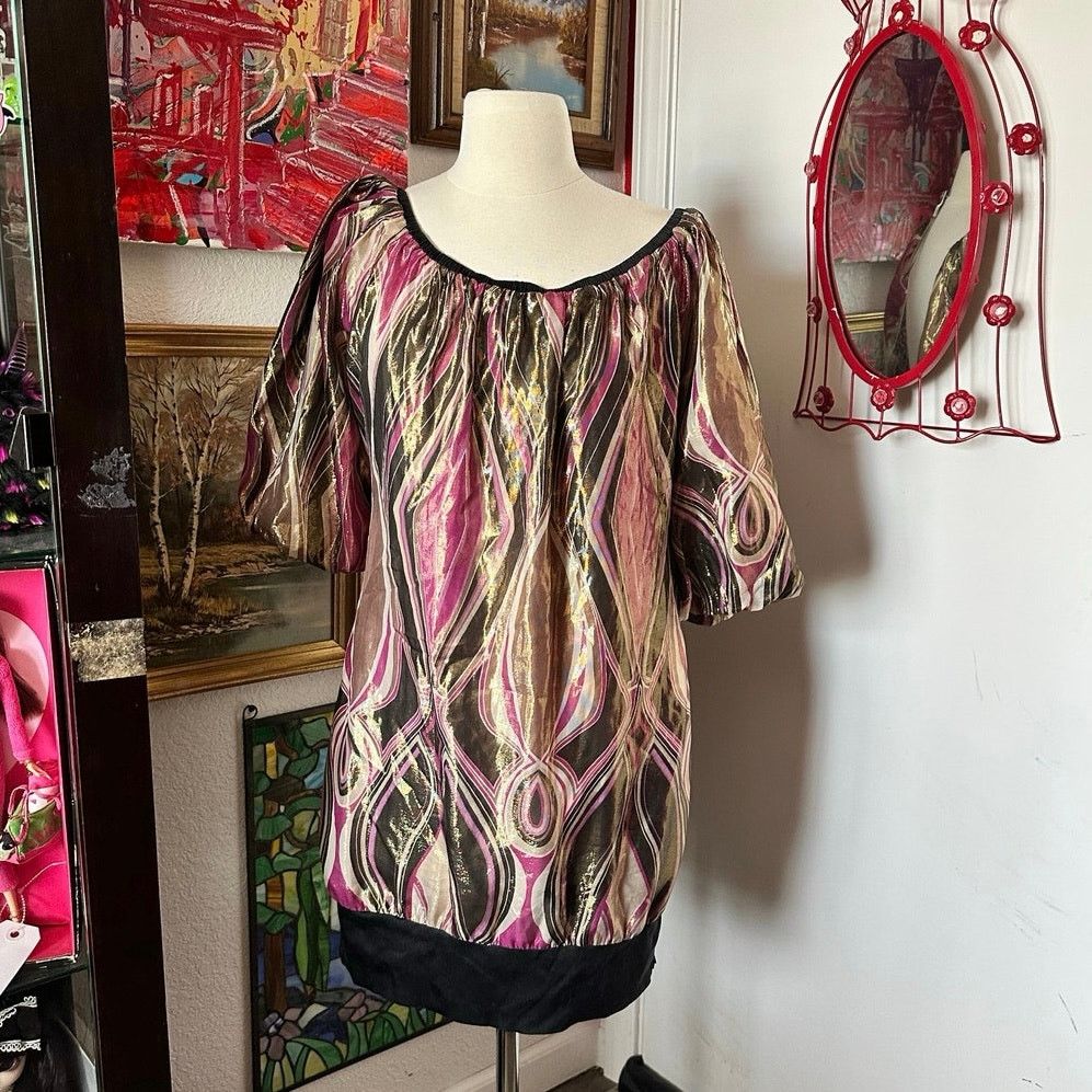 Bebe bebe 70s style good pink black puff dress, cutout back Size L / US 10 / IT 46 - 1 Thumbnail