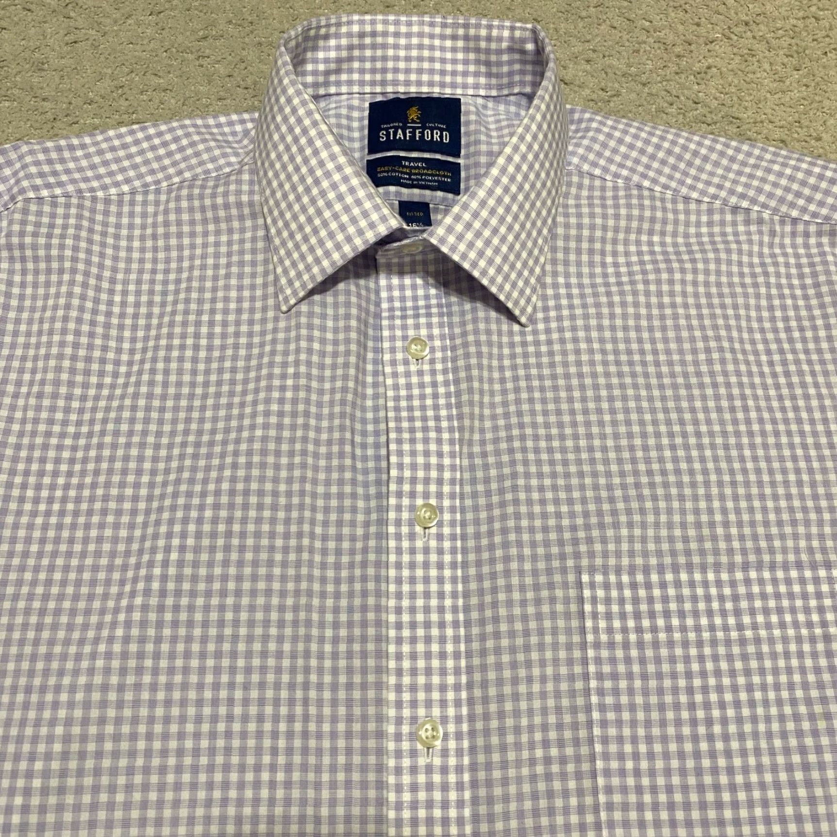 Stafford Stafford Dress Shirt Purple Plaid Long Sleeve Button-Front Fitted Mens 16.5 Classic Business Casual Travel Cotton Polyester Size 46R - 6 Thumbnail