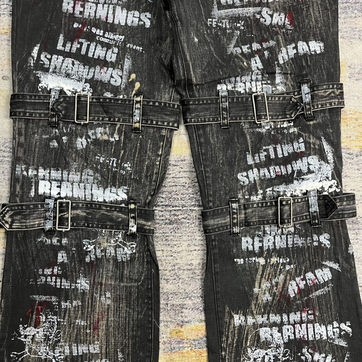 14th Addiction Berning sho skull print washed flared bondage pants vkei Size US 30 / EU 46 - 6 Thumbnail