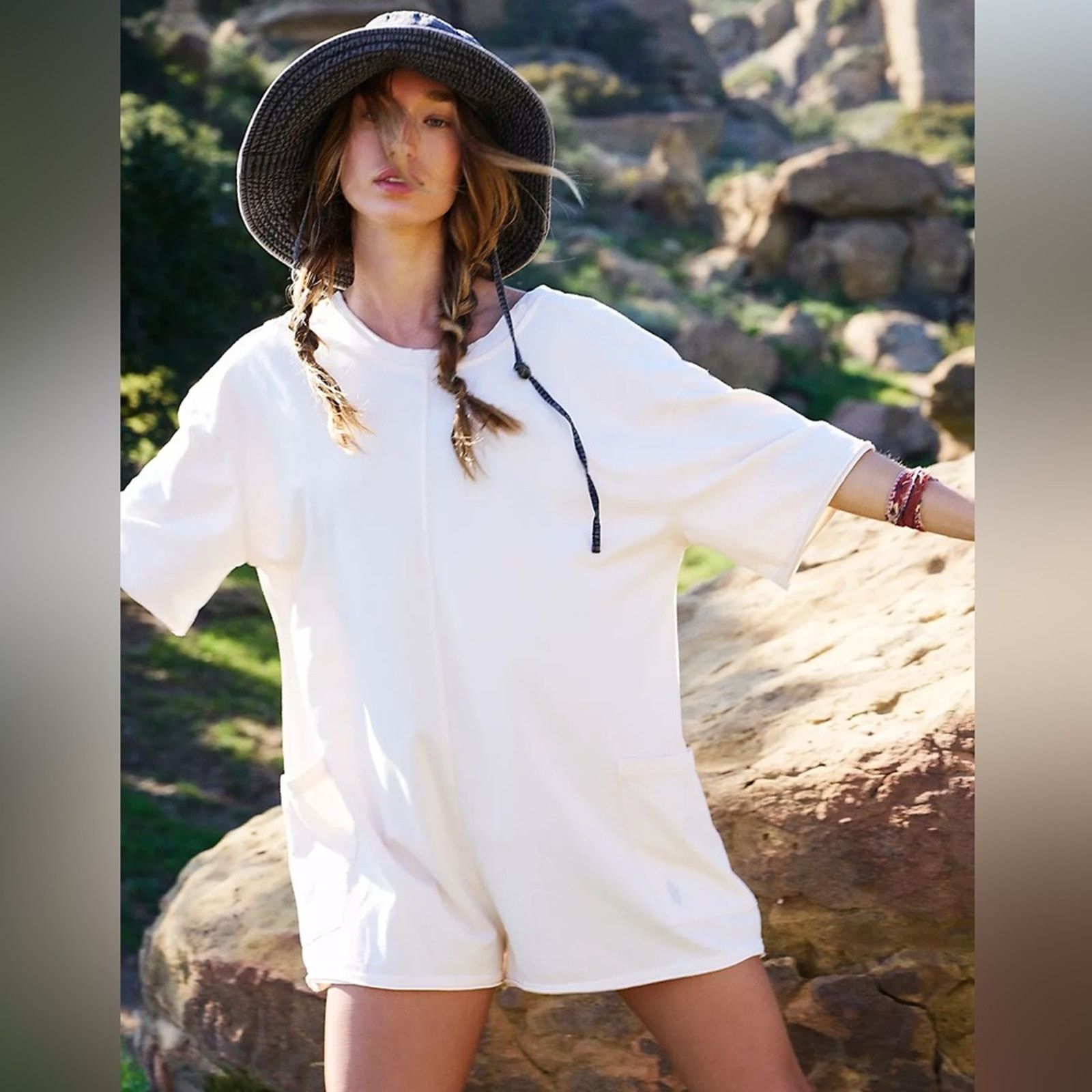 Free People NEW FREE PEOPLE MOVEMENT Hot Shot Tee Romper Shorts XS Ivory Size 26" / US 2 / IT 38 - 4 Thumbnail