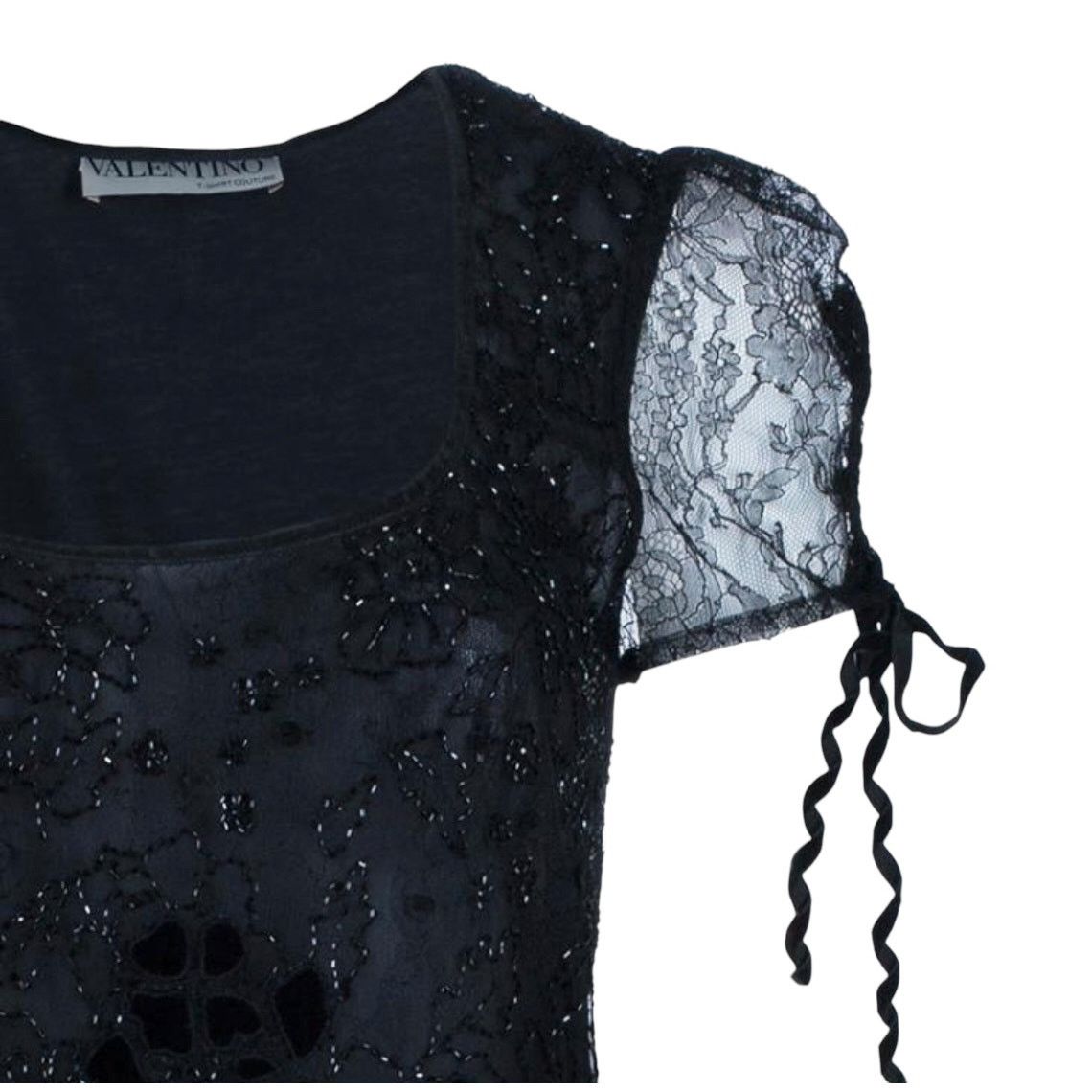 Valentino Valentino Black Beaded Square Neck Sheer Short Sleeve Top Size M / US 6-8 / IT 42-44 - 7 Thumbnail