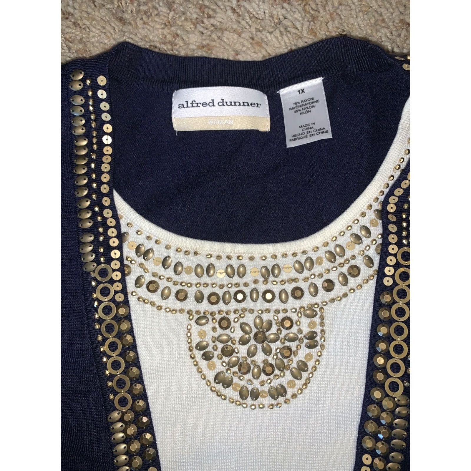 Vintage Alfred Dunner Blouse Shirt 1X Blue 3/4 Sleeve Beaded Sequin Knit Pullover Round Neck Womens Regular Basic Seasonal Casual Size XL / US 12-14 / IT 48-50 - 2 Thumbnail