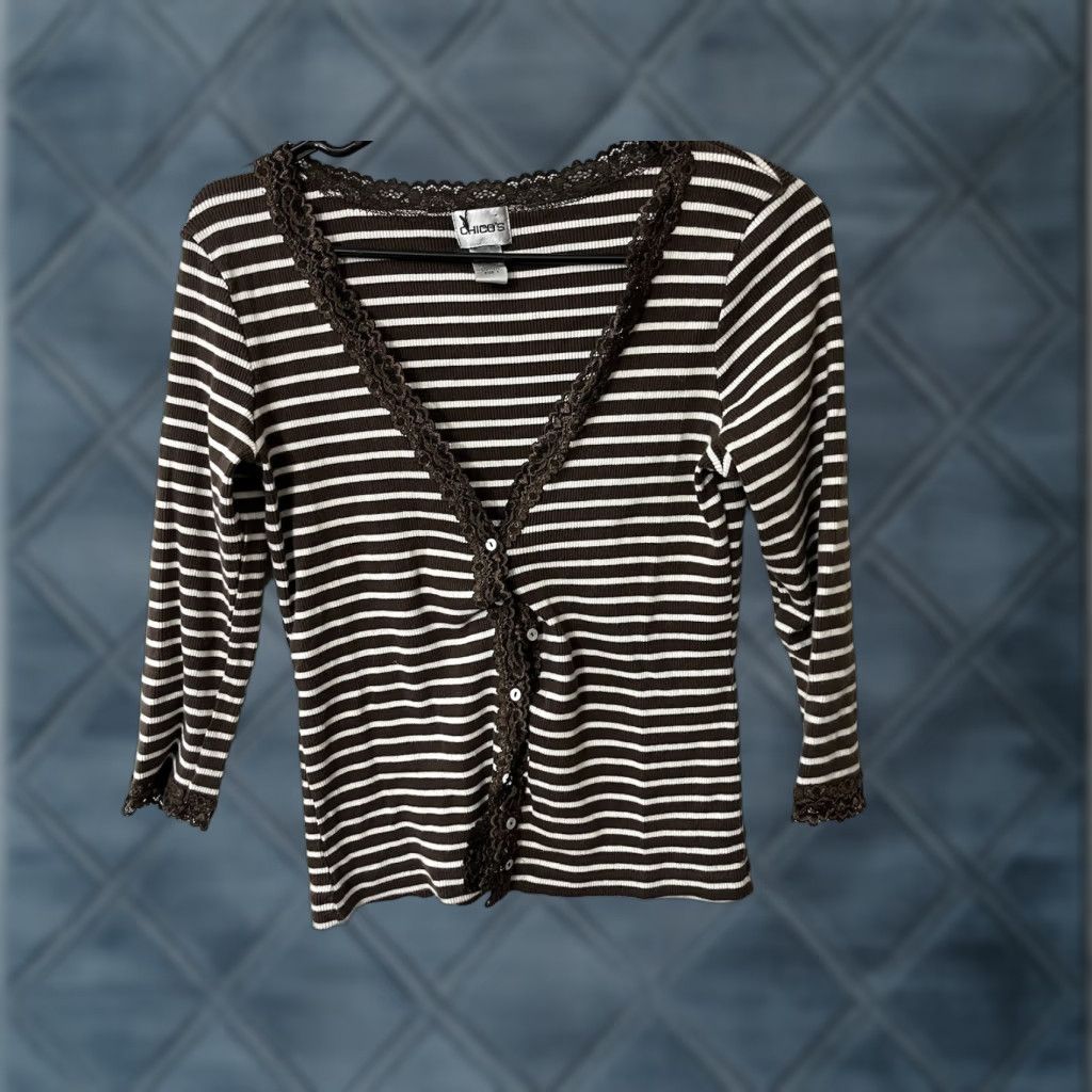Vintage Chico's Cardigan Sweater 3/4 Sleeve Brown Striped Button Womens Size 1 Size XS / US 0-2 / IT 36-38 - 1 Thumbnail