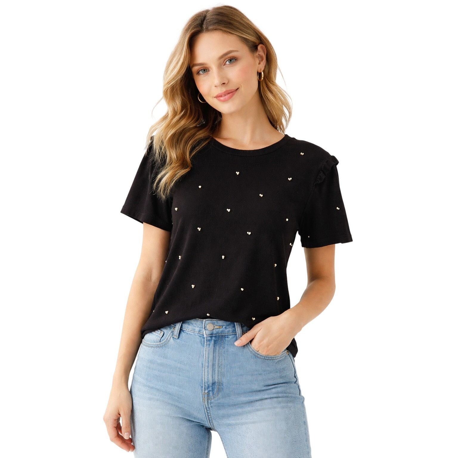 Other Boutique Black Pearl Detail Ruffle Sleeve Top Womens Sz M Size M / US 6-8 / IT 42-44 - 1 Thumbnail