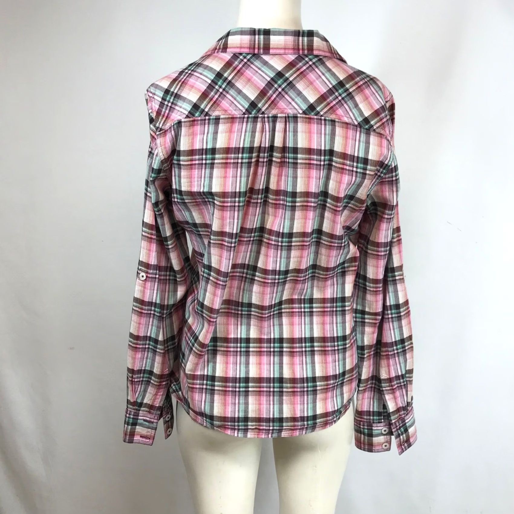 Prana Prana Womens Small Pink Teal Plaid Henley Shirt Top Roll Tab Sleeve Button-Down Shirt Top Size S / US 4 / IT 40 - 5 Thumbnail