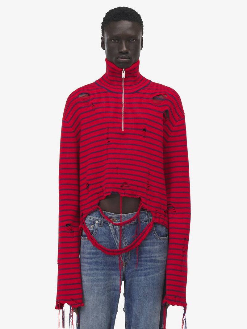 Alexander McQueen o1srvl11e0226 Distressed Striped Jumper In Red/Navy Size US XL / EU 56 / 4 - 2 Thumbnail