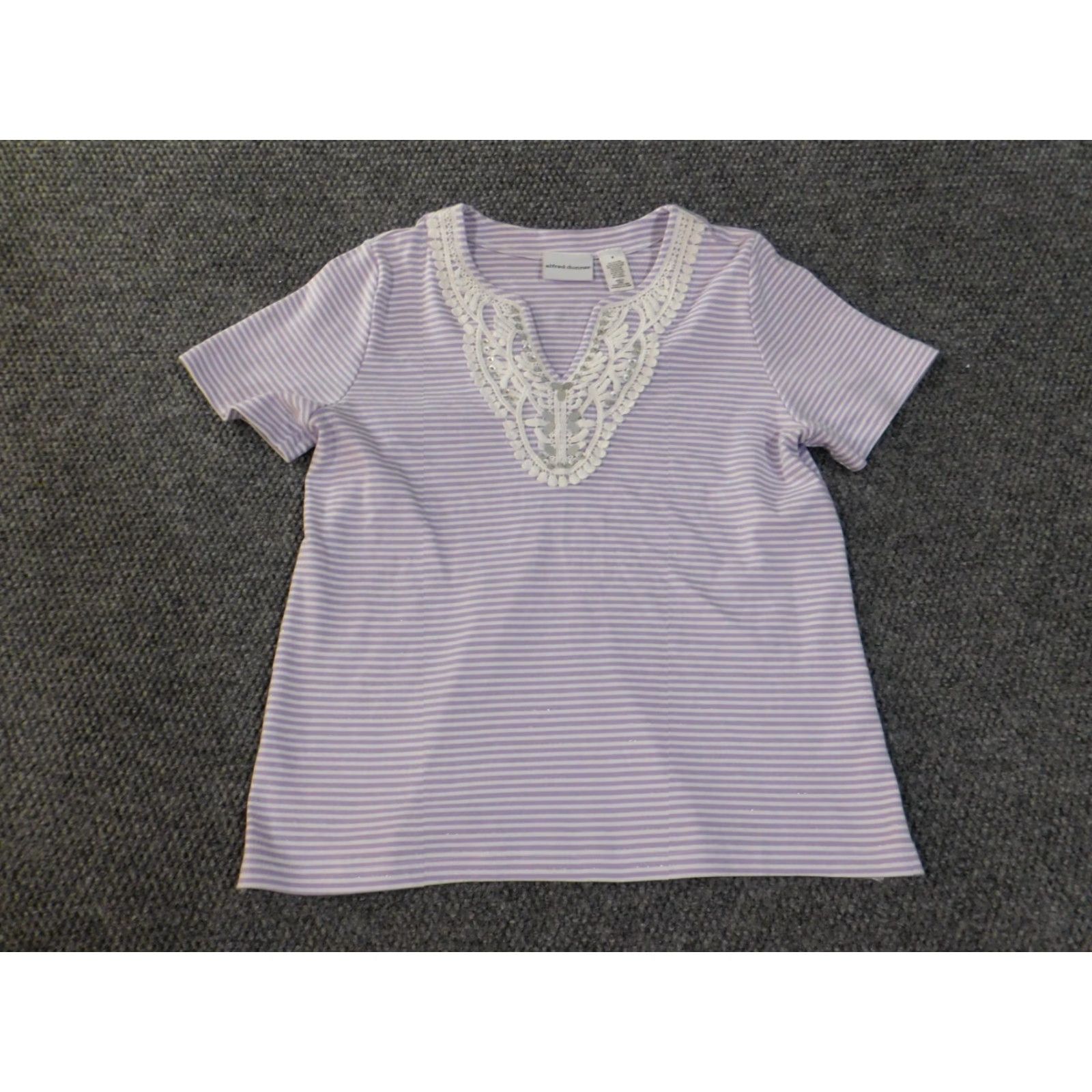 Vintage Alfred Dunner Blouse Shirt Womens Small Purple Striped V-Neck Cotton Polyester Casual Knit Short Sleeve Regular Size S / US 4 / IT 40 - 4 Thumbnail