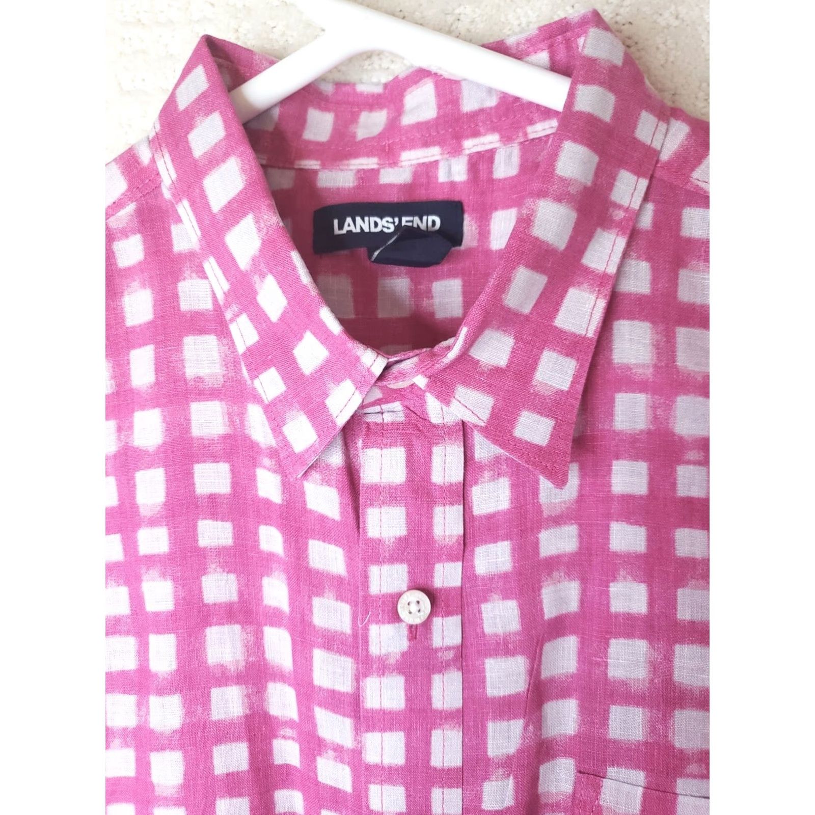 Lands' End Lands' End Linen Shirt Short Sleeve Button-Up Pink/White Check L Men’s Classic Fit 100% Linen breathable Casual Party/Cocktail Travel Size US L / EU 52-54 / 3 - 4 Thumbnail