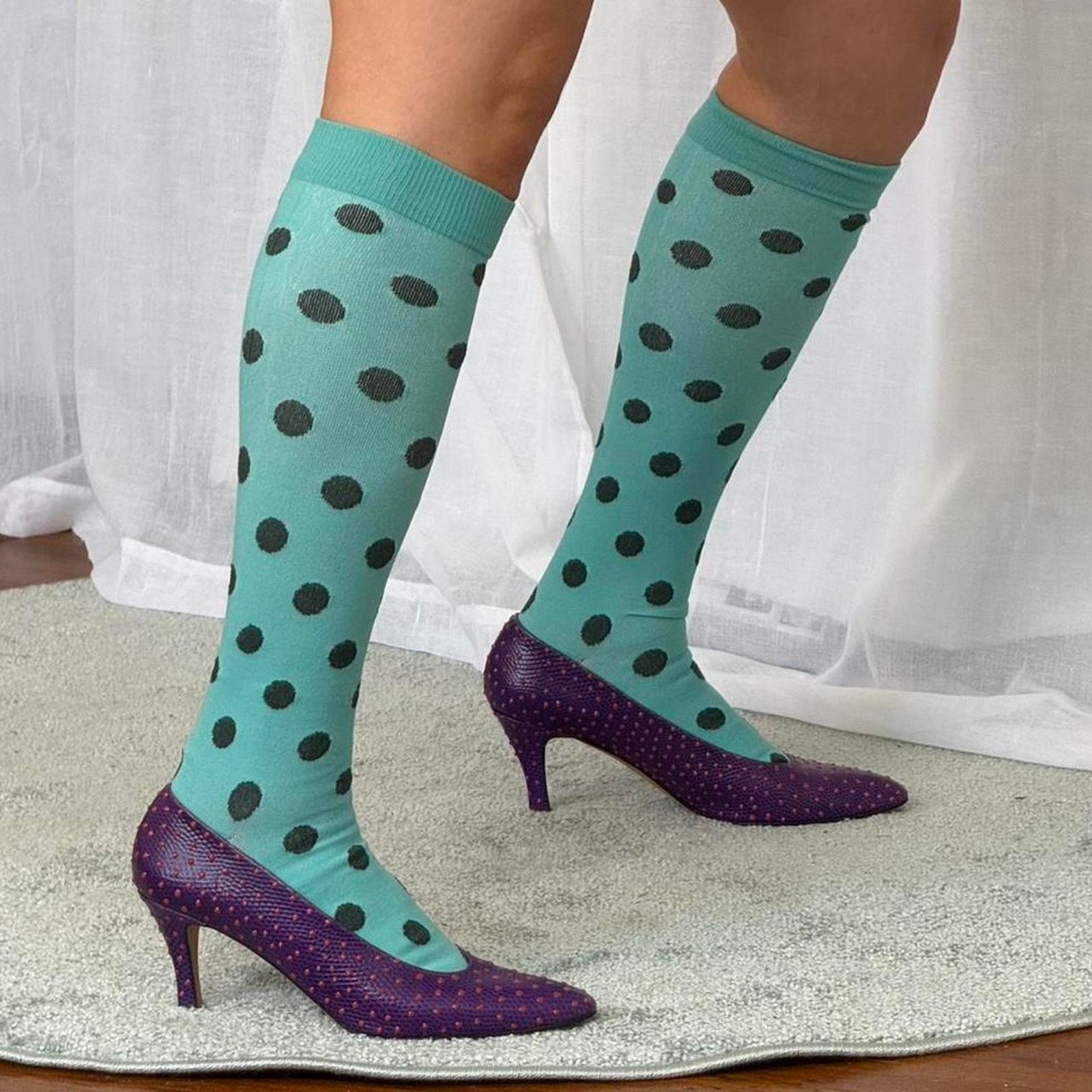 Other polka dot indie sleaze knee high socks teal Size ONE SIZE - 1 Thumbnail