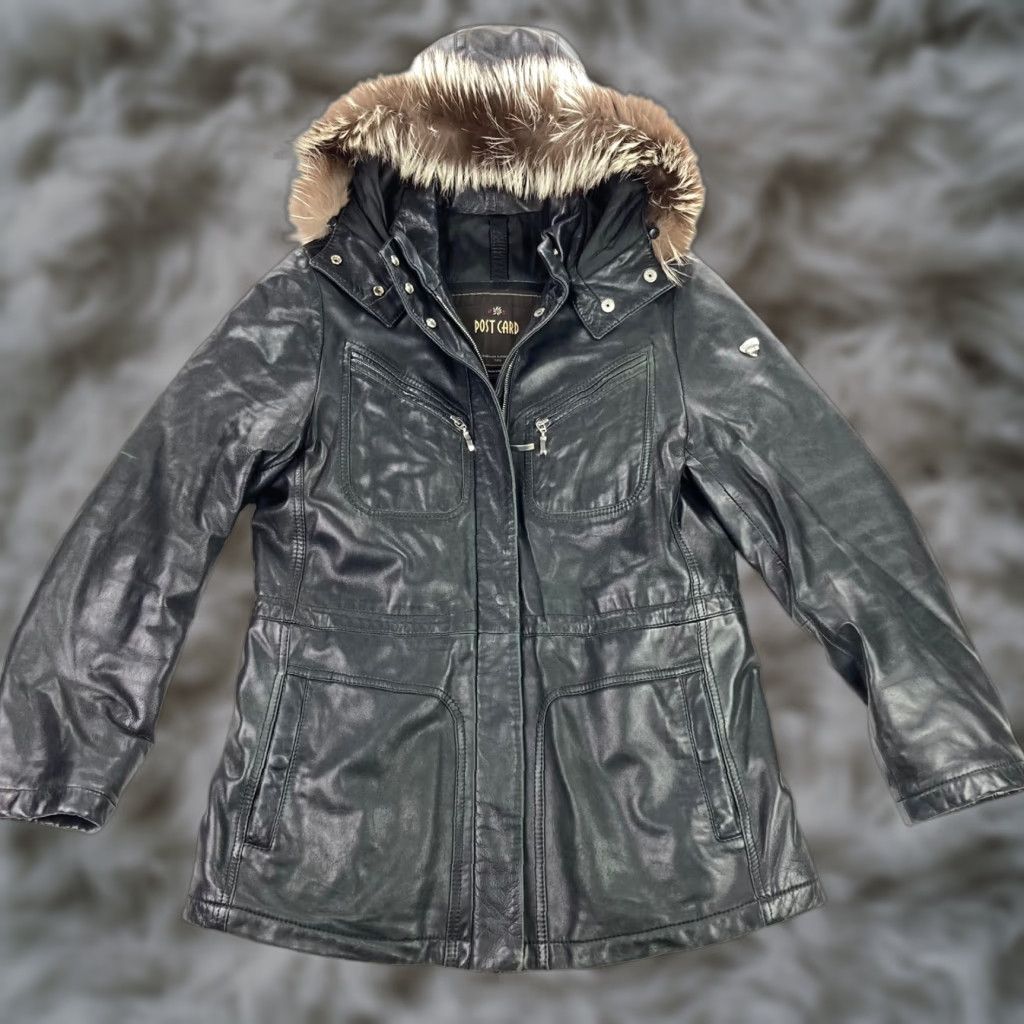 Post Card Leather Fur Hooded Jacket Coat Women Black Coat - Size 12
