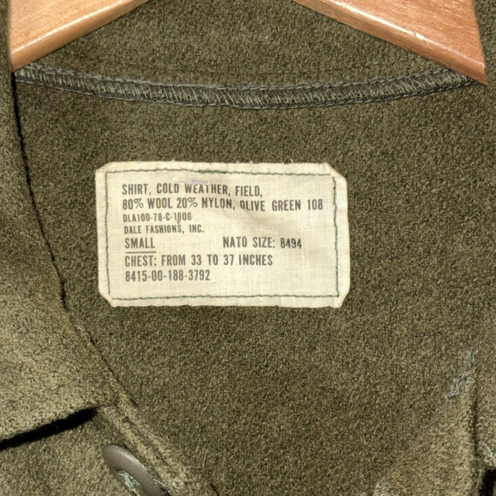 Olive VINTAGE Dale Fashions Shirt Mens Small Olive Wool Cold Weather Field Military Size US S / EU 44-46 / 1 - 3 Thumbnail