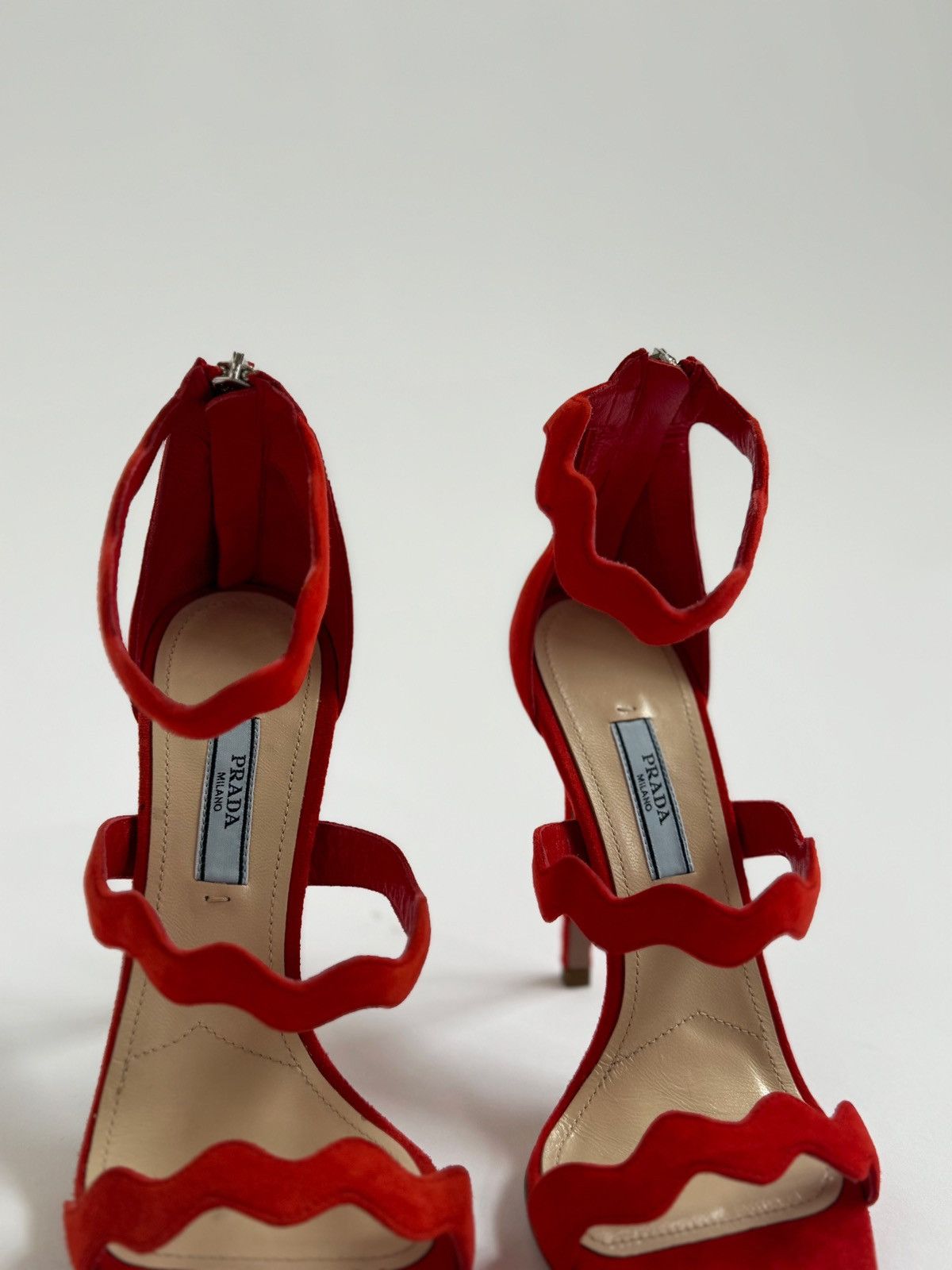 Prada Red Scalloped Strapped Prada Heels Size US 7 / IT 37 - 2 Thumbnail