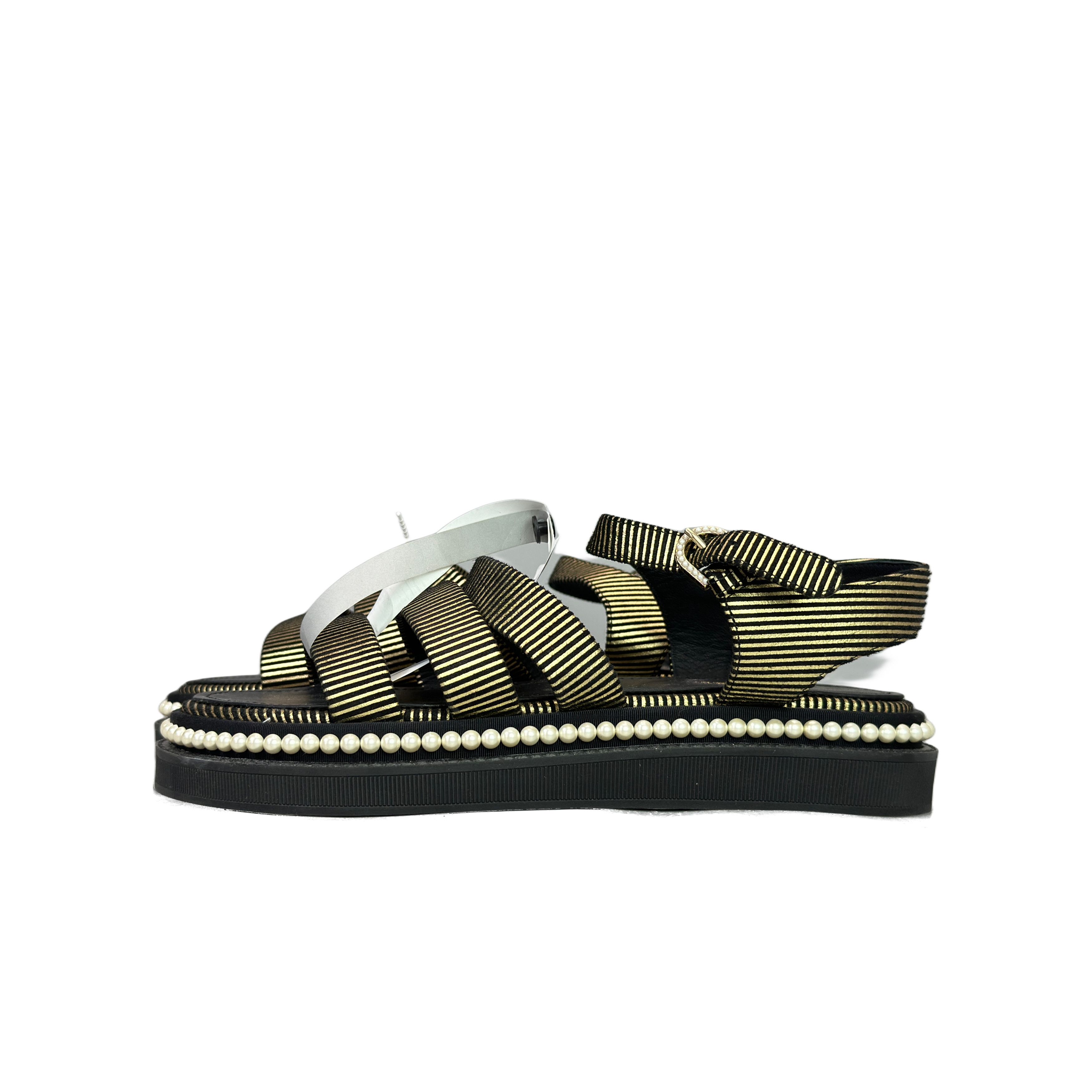 Chanel Chanel Gold Striped Pearl Sandals Size 37.5 Size US 7.5 / IT 37.5 - 1 Thumbnail