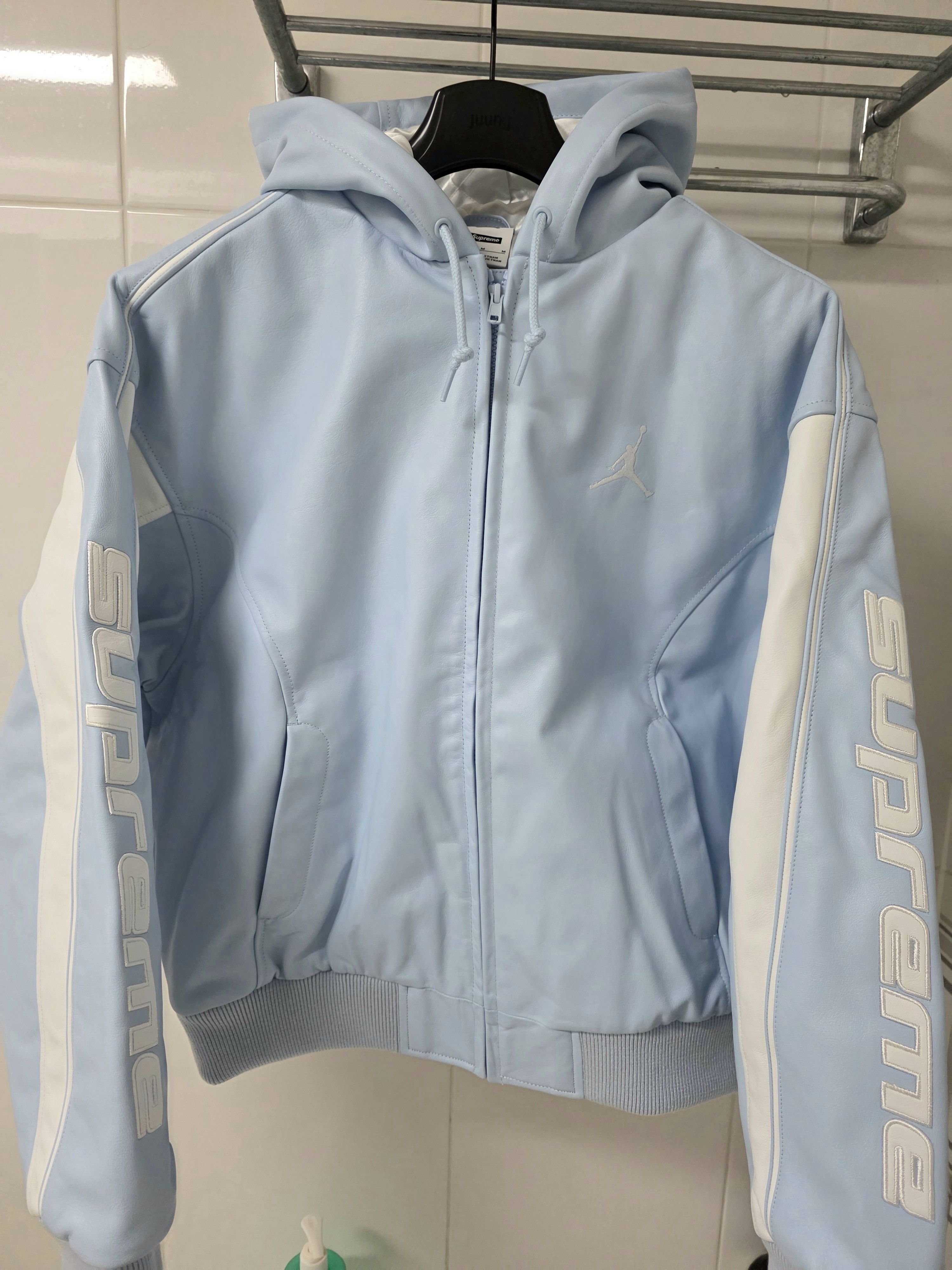 Supreme Supreme Blue Painted Leather Logo Varsity Jacket | Grailed