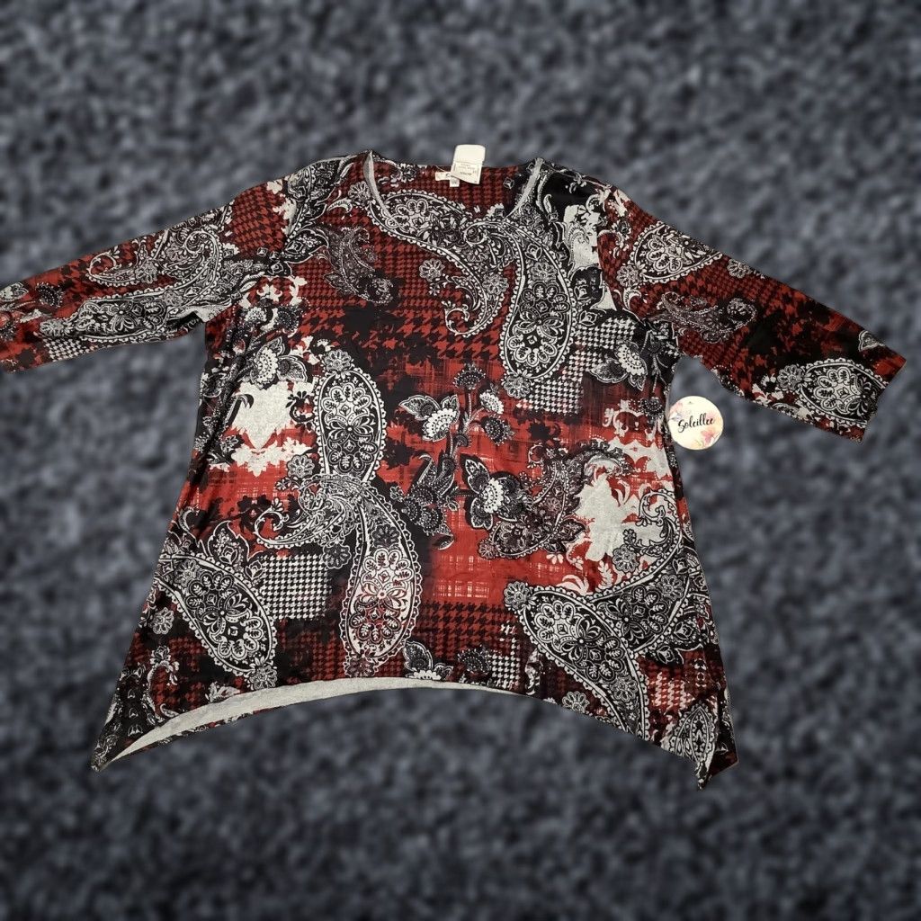 Vintage Soleillee Knit Top Womens 2X Red Paisley Houndstooth Asymmetrical Hem Stretch Shirt Size XXL / US 16-18 / IT 52-54 - 1 Thumbnail