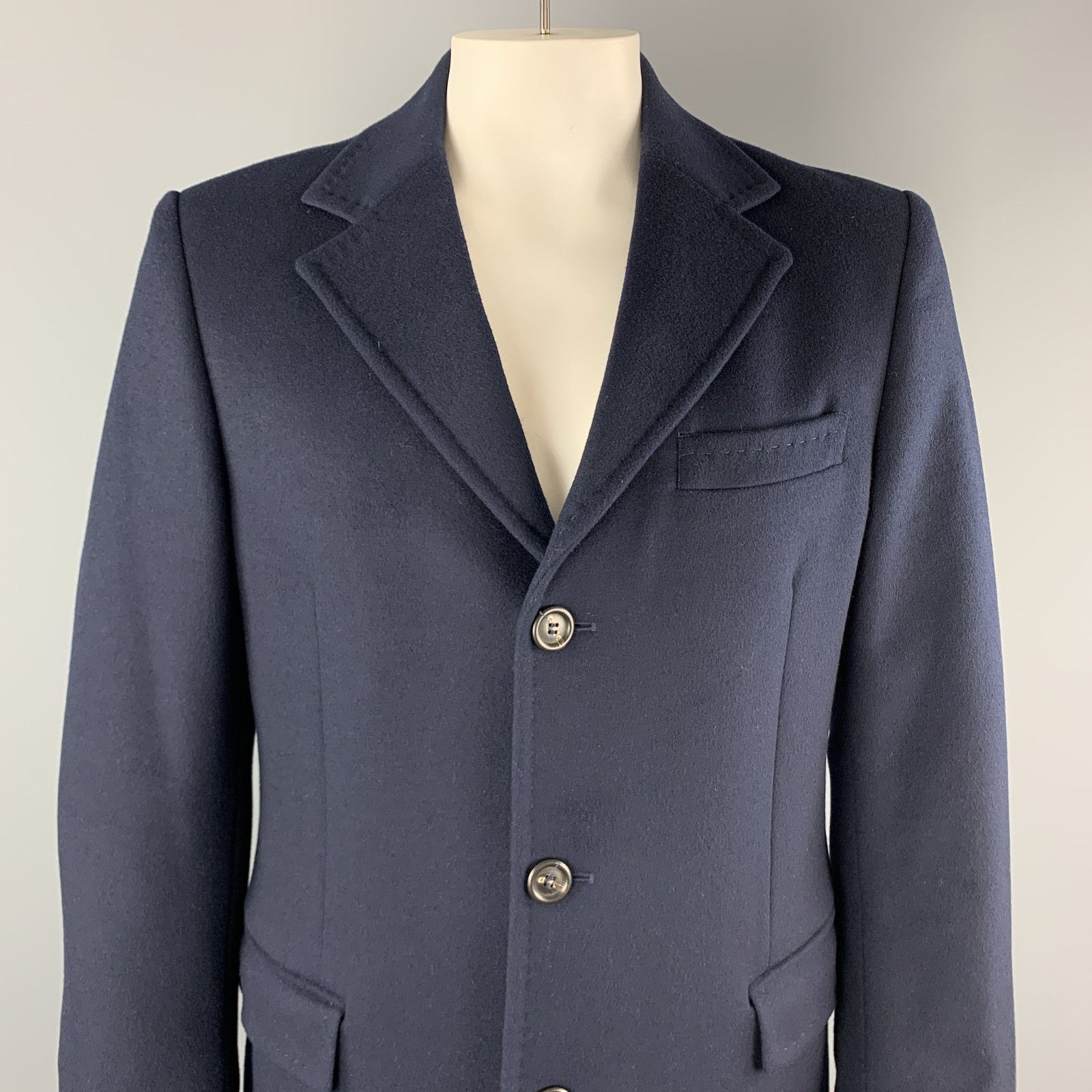 Benetton BENETTON Size L Navy Wool Blend Notch Lapel Long Coat Size US L / EU 52-54 / 3 - 2 Thumbnail