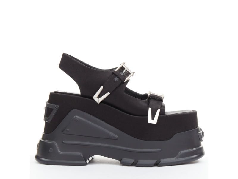 new VERSACE Anthem 120 Black satin silk silver Medusa buckle platform chunky sandals EU38