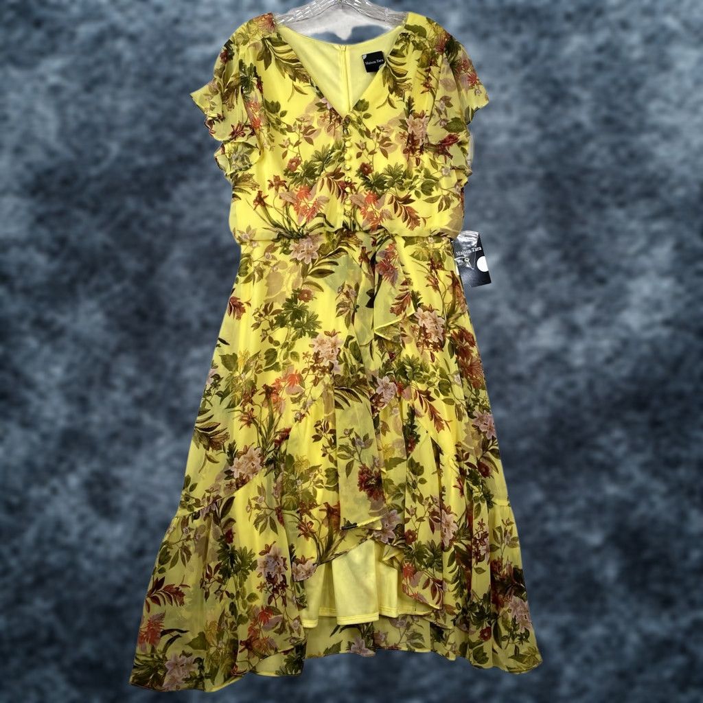 Vintage Maison Tara Dress Womens Midi V-Neck Yellow Floral Chiffon Bohemian NWT Size 12 Holiday? Size XL / US 12-14 / IT 48-50 - 1 Thumbnail