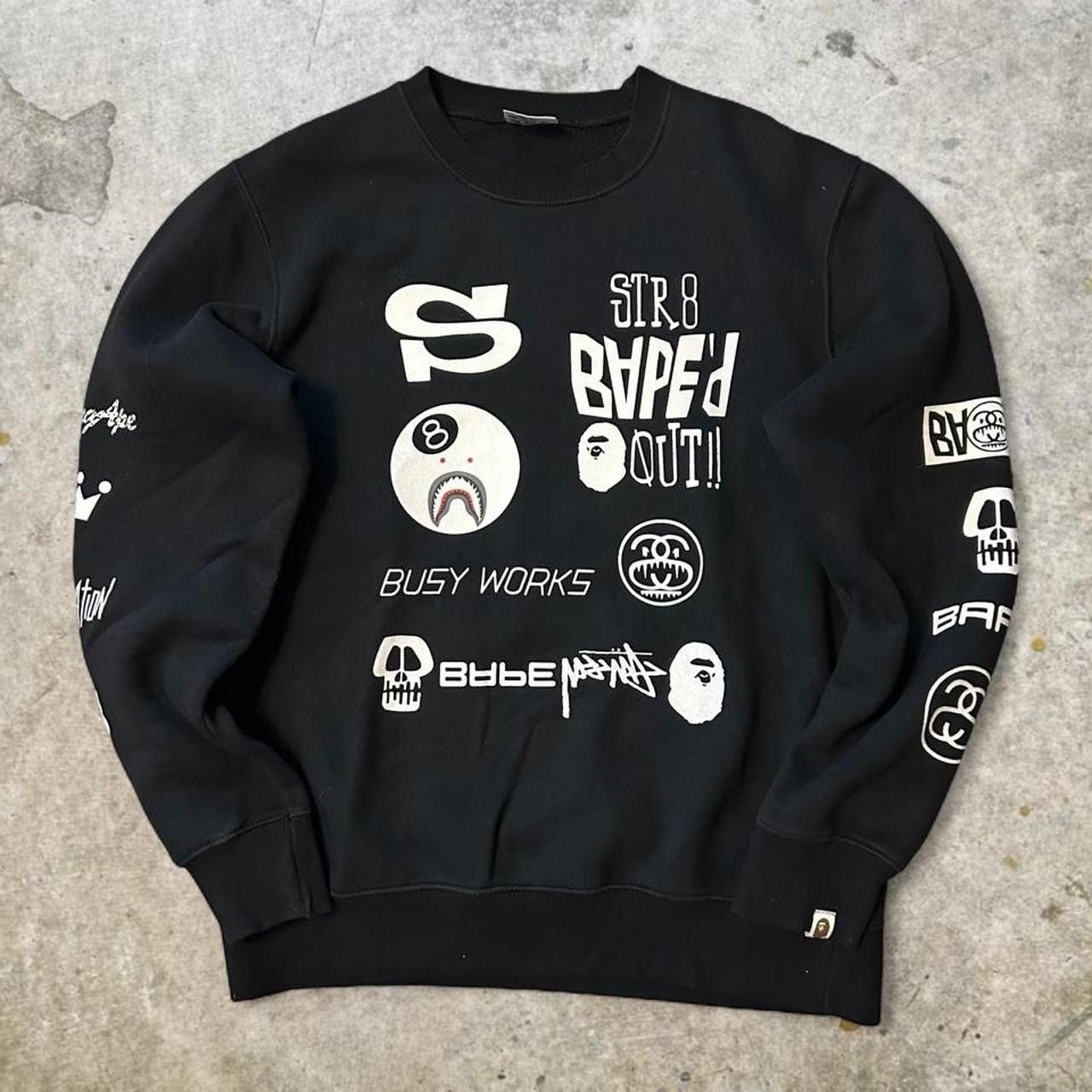 BAPE x Stussy logo black crewneck sweatshirt Size XL