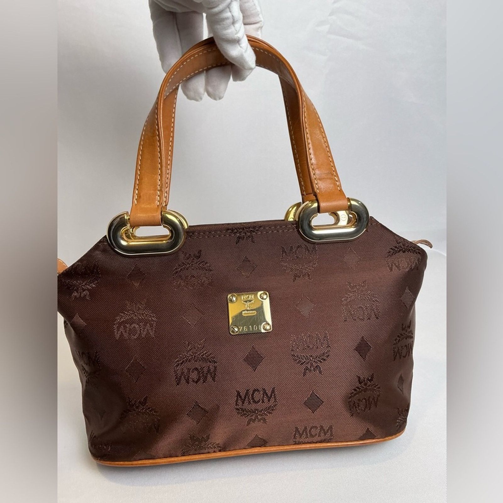 MCM MCM Chestnut Brown Visetos Monogram Nylon Tote Bag Gold Trim Size ONE SIZE - 3 Thumbnail