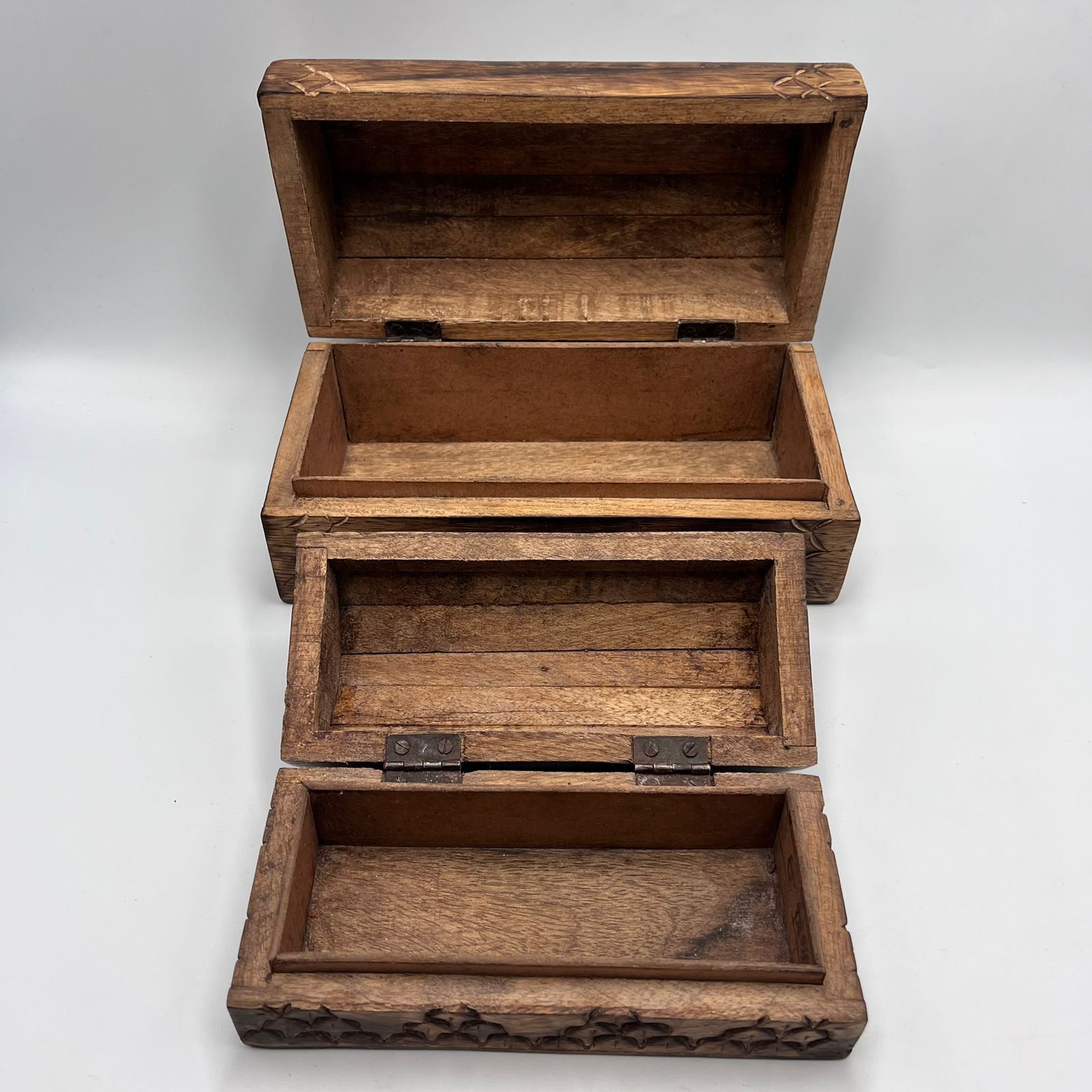 Vintage Vintage Carved Wooden Jewelry Boxes Set Handmade Hardwood Size ONE SIZE - 8 Thumbnail