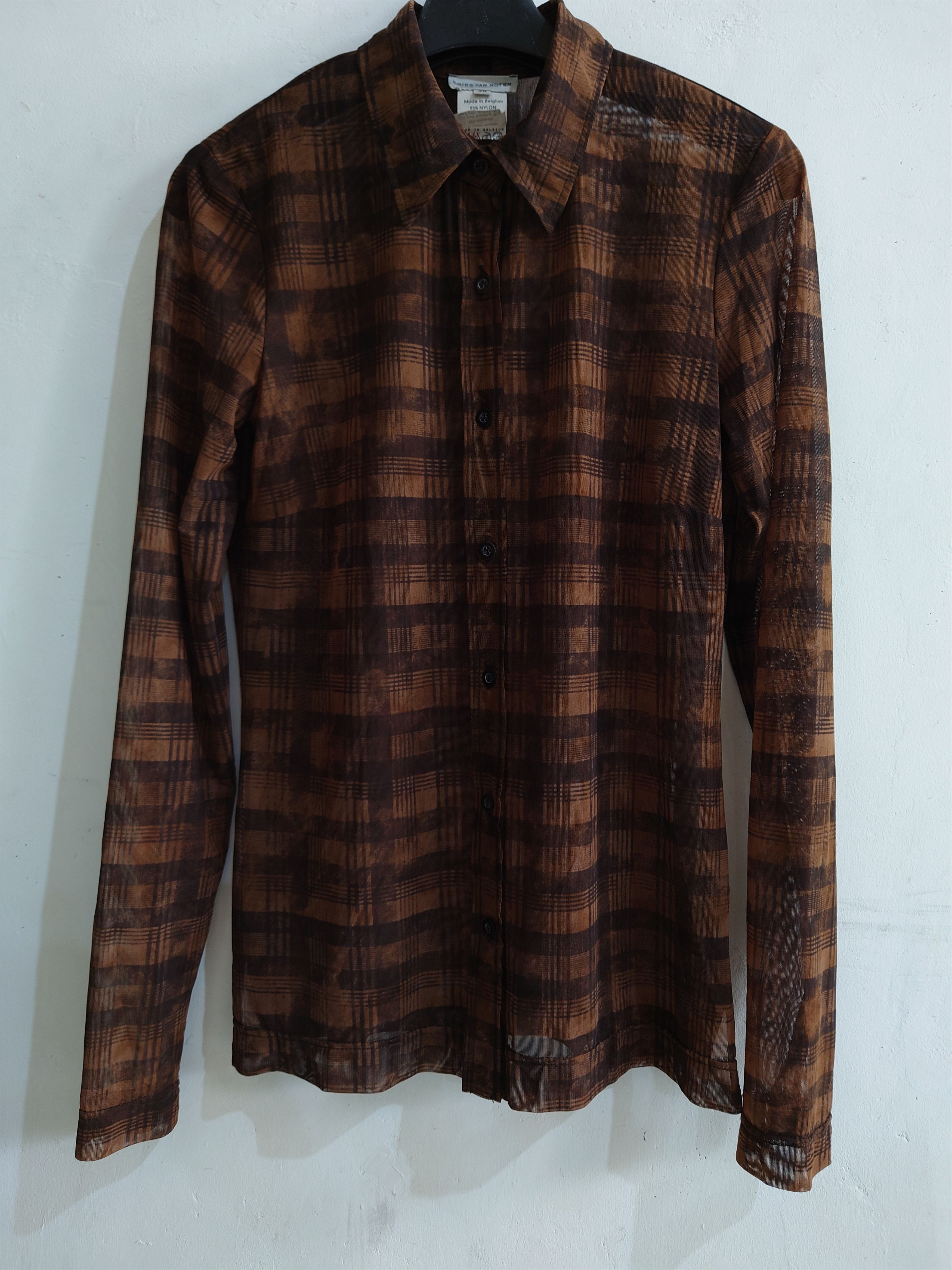 image of Dries Van Noten Plaid Print Mesh Top in Brown Black, Women's (Size XS)