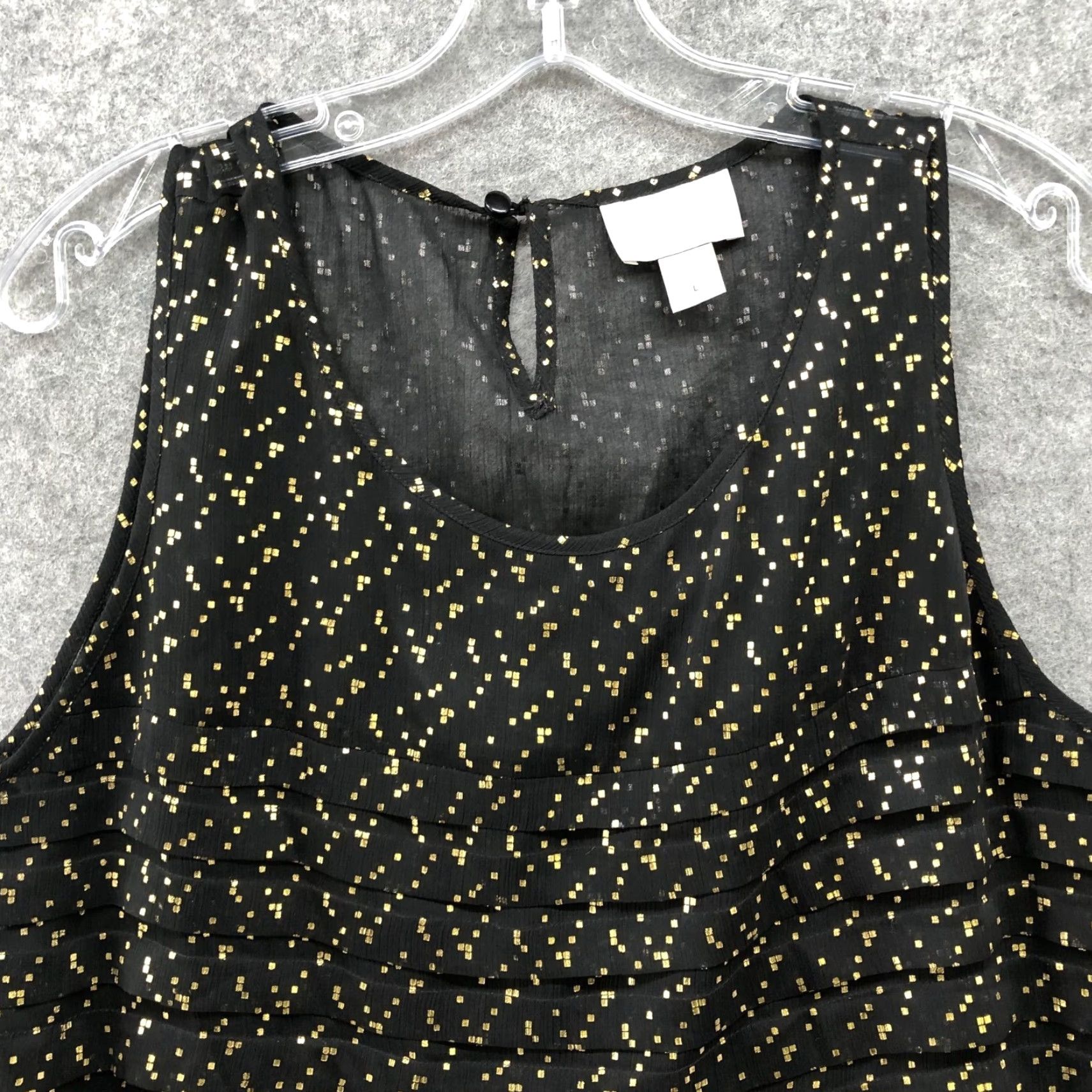Loft LOFT Blouse Women L Black Gold Dot Chiffon Sleeveless Crewneck Poly blend Sheer Pleated Tank Top Modal Polka Dot Size L / US 10 / IT 46 - 3 Thumbnail