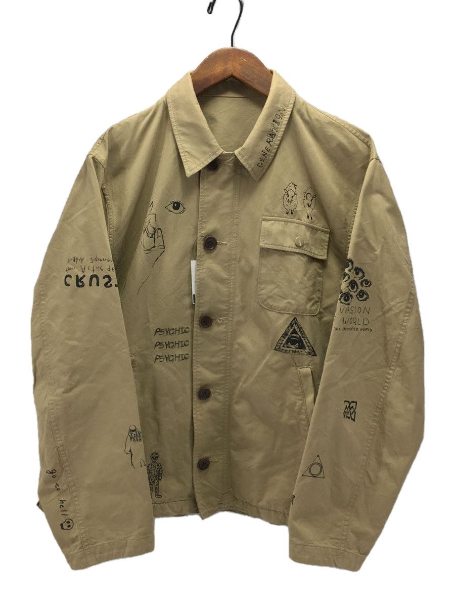 Jacket Cotton Allover Print Button Up Inseam Pocket Beige