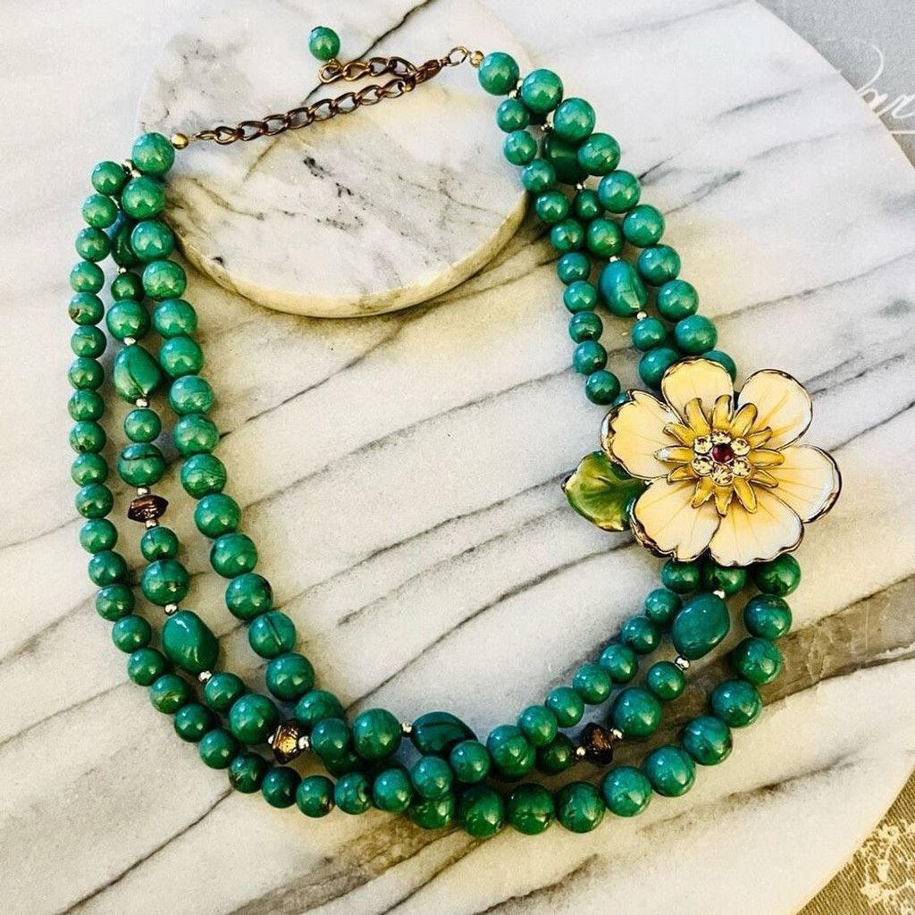 Jewelry Enamel Flower Statement Necklace Teal Green Beaded Size ONE SIZE - 1 Thumbnail