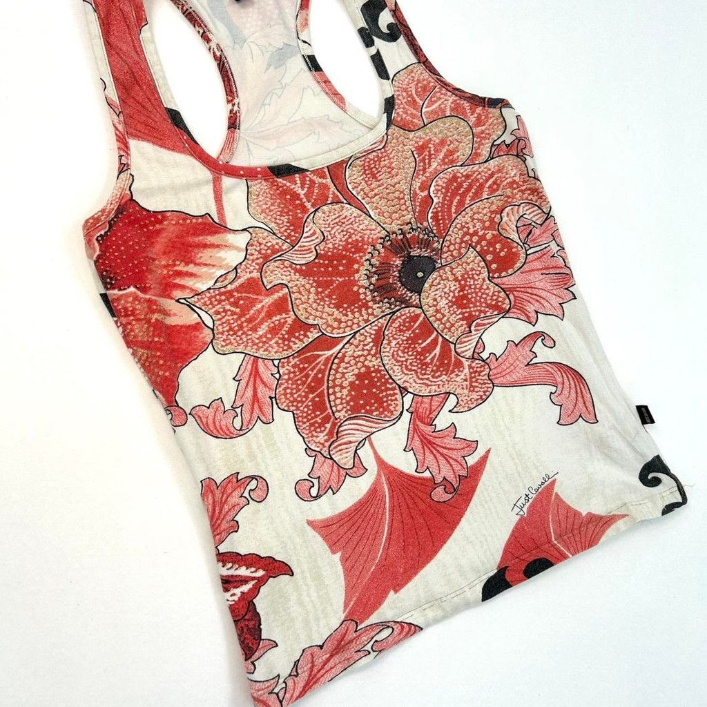 Just Cavalli y2k Cavalli white tank top red and black floral print Size XS / US 0-2 / IT 36-38 - 2 Thumbnail