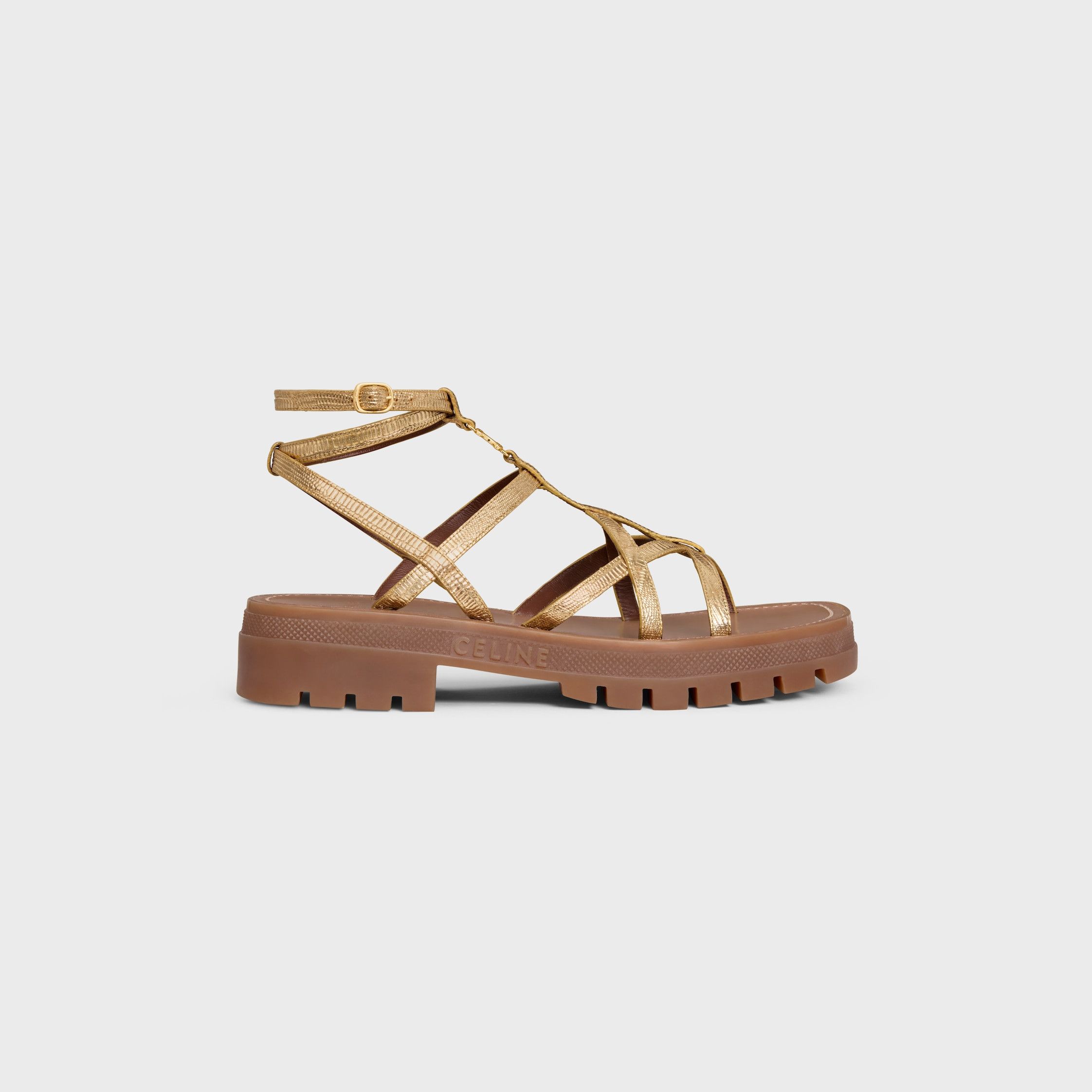 Celine CELINE - CLEA TRIOMPHE STRAPPY SANDAL IN LIZARD STAMPED METALIZED CALFSKIN gold Size US 11 / IT 41 - 1 Thumbnail