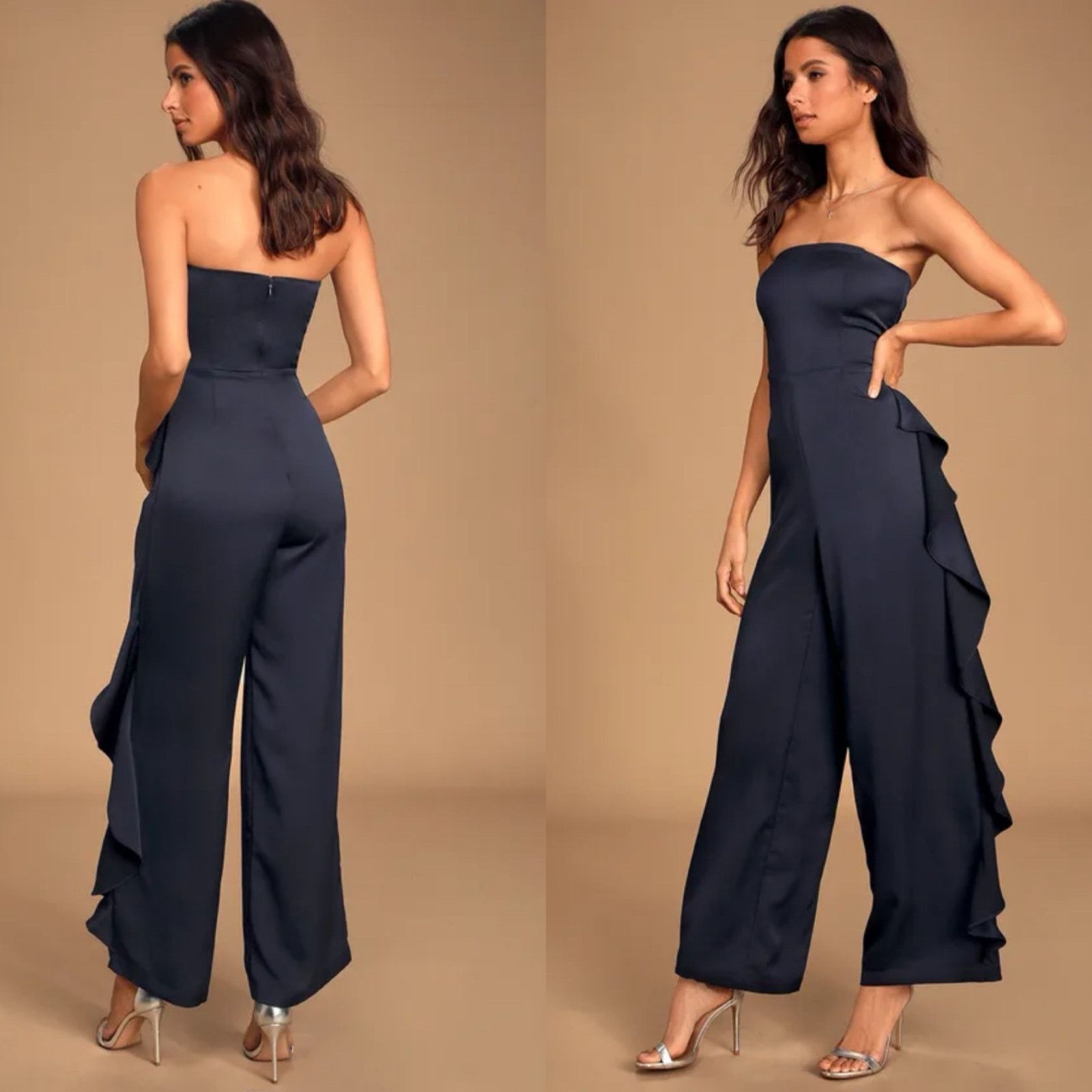 Other Cascading Love Navy Blue Strapless Ruffled Wide-Leg Jumpsuit Size 30" / US 8 / IT 44 - 3 Thumbnail