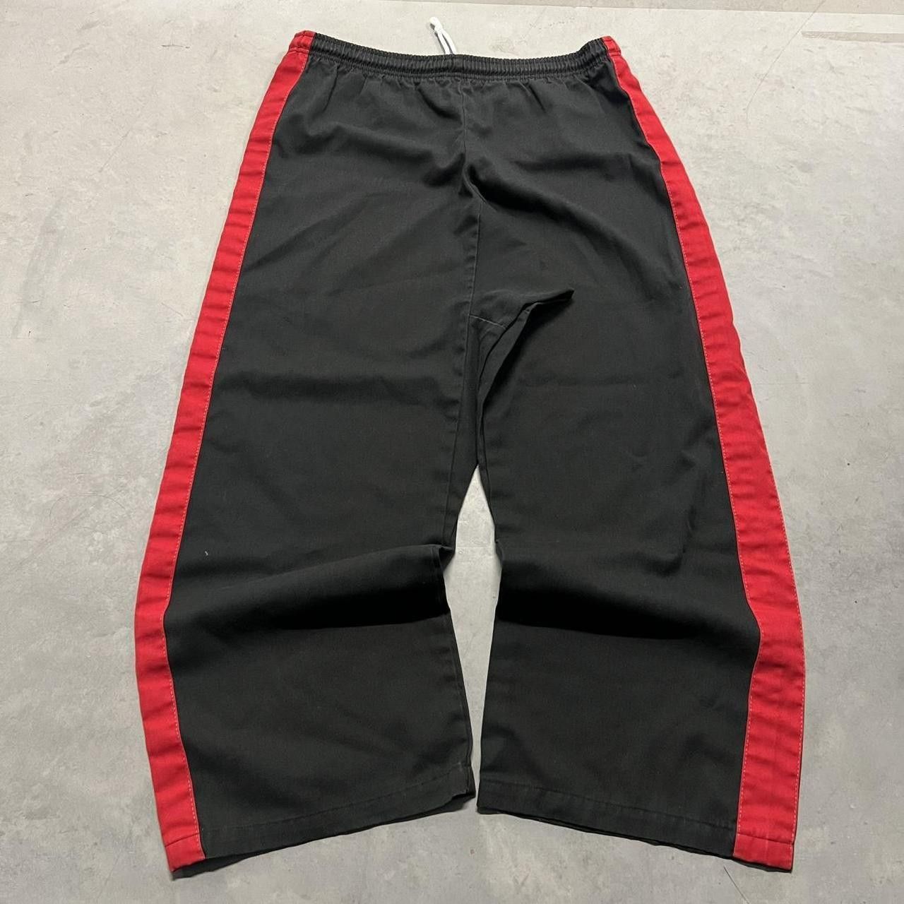 Vintage Crazy Vintage Y2K/2000s Super Baggy Red Stripe Black SweatPants with adjustable waistband and drawstring! Size US 36 / EU 52 - 2 Thumbnail