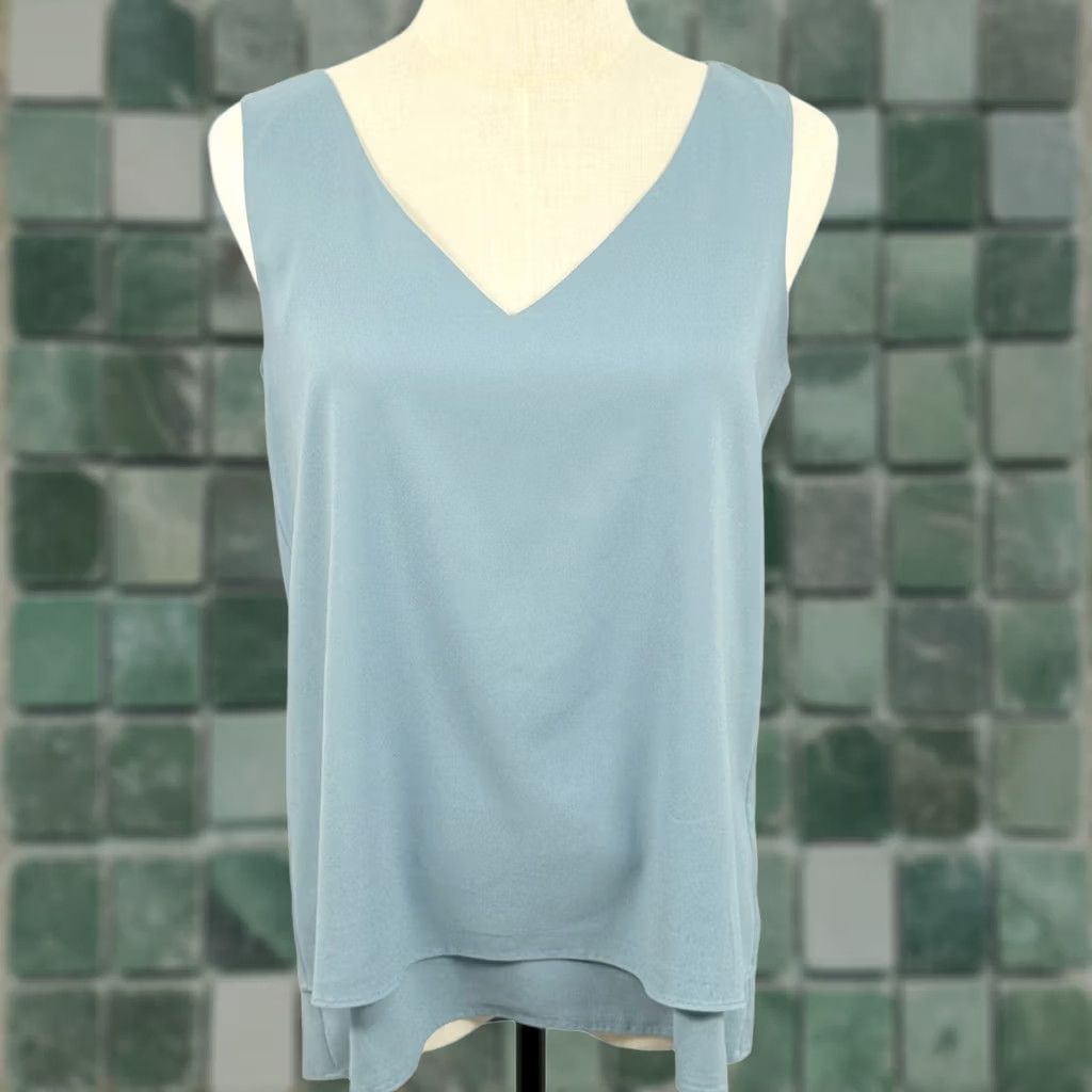 Ann Taylor Ann Taylor S Tank Top V Neck Blouse Sleeveless Women's Office Workwear Spring Summer Dusty Blue/Green Solid Chiffon Lightweight Basic Vintage No Size S / US 4 / IT 40 - 1 Thumbnail