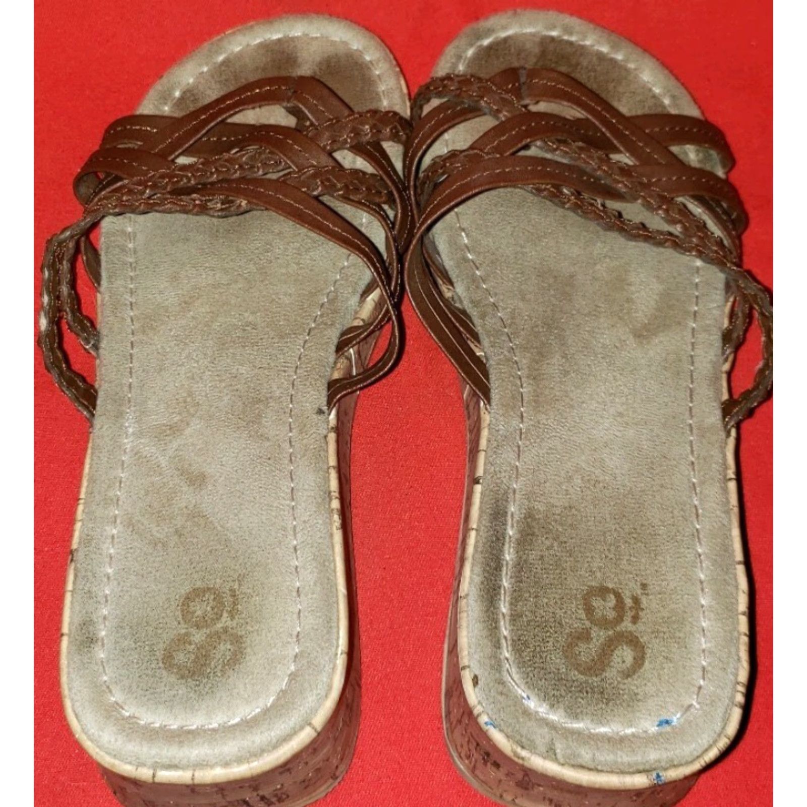 Vintage SO Women's Slide Platform Wedge Sandals Size 7.5M Brown Crossovers Toe Post - Slip On, Faux Leather, Suede Insole, Casual Shoes, Women, 2.5" Heel Size US 6 / IT 36 - 7 Thumbnail