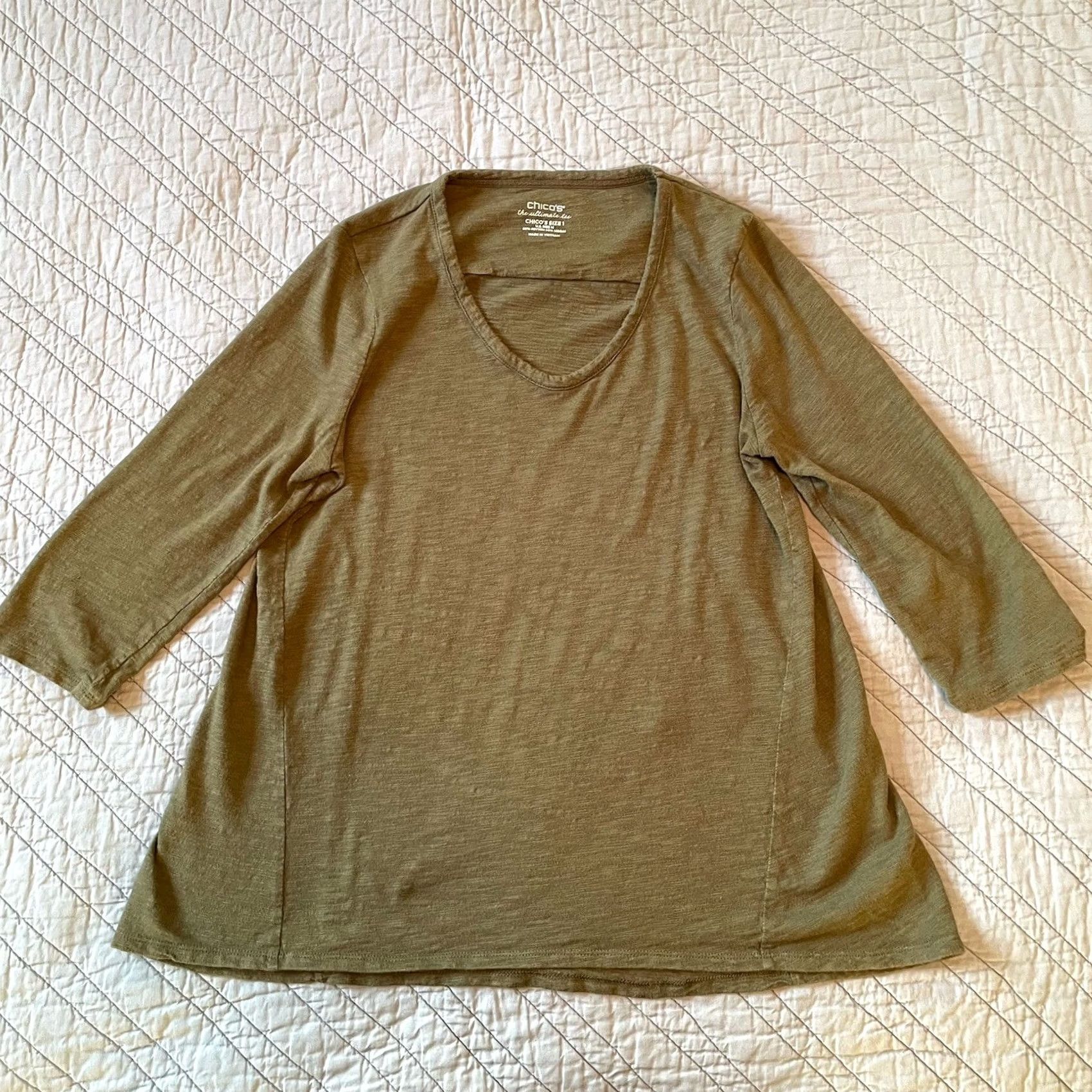 Vintage Chico's Tee Top Blouse Woman M Cotton Slub 3/4 Sleeve Olive Green Casual Shirt Size M / US 6-8 / IT 42-44 - 7 Thumbnail