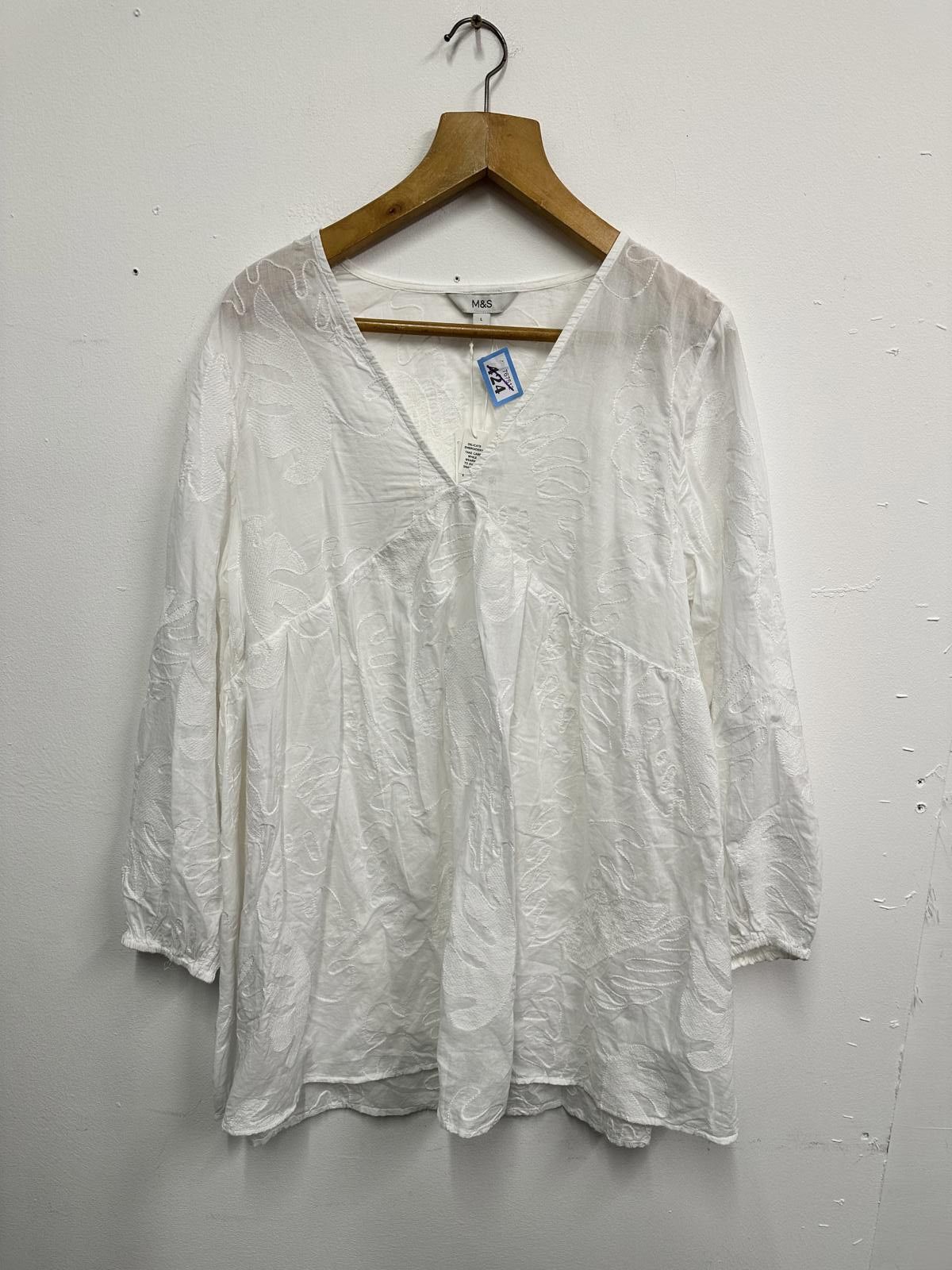 M.E. Sport M&S White Embroidered V-Neck Long Sleeve Top Size L Size L / US 10 / IT 46 - 1 Thumbnail