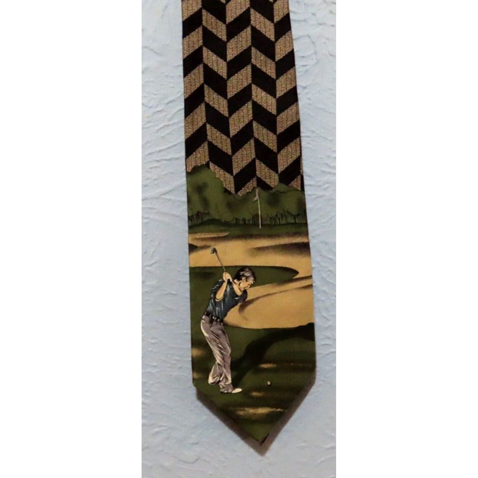 Vintage Pebble Beach Golfer Silk Necktie Black Tan USA Made Mens Tie Golf Size ONE SIZE - 5 Thumbnail